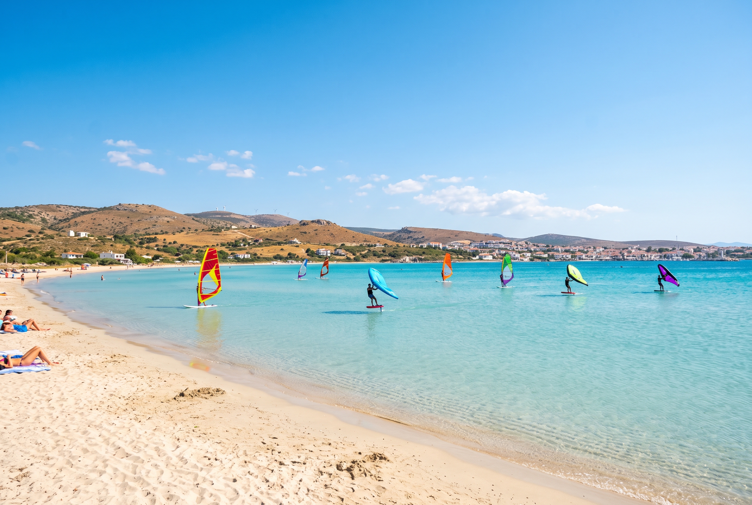 The shallow flat Alacati and Cesme bay with multiple wing foilers and windsurfers on calm turquoise water