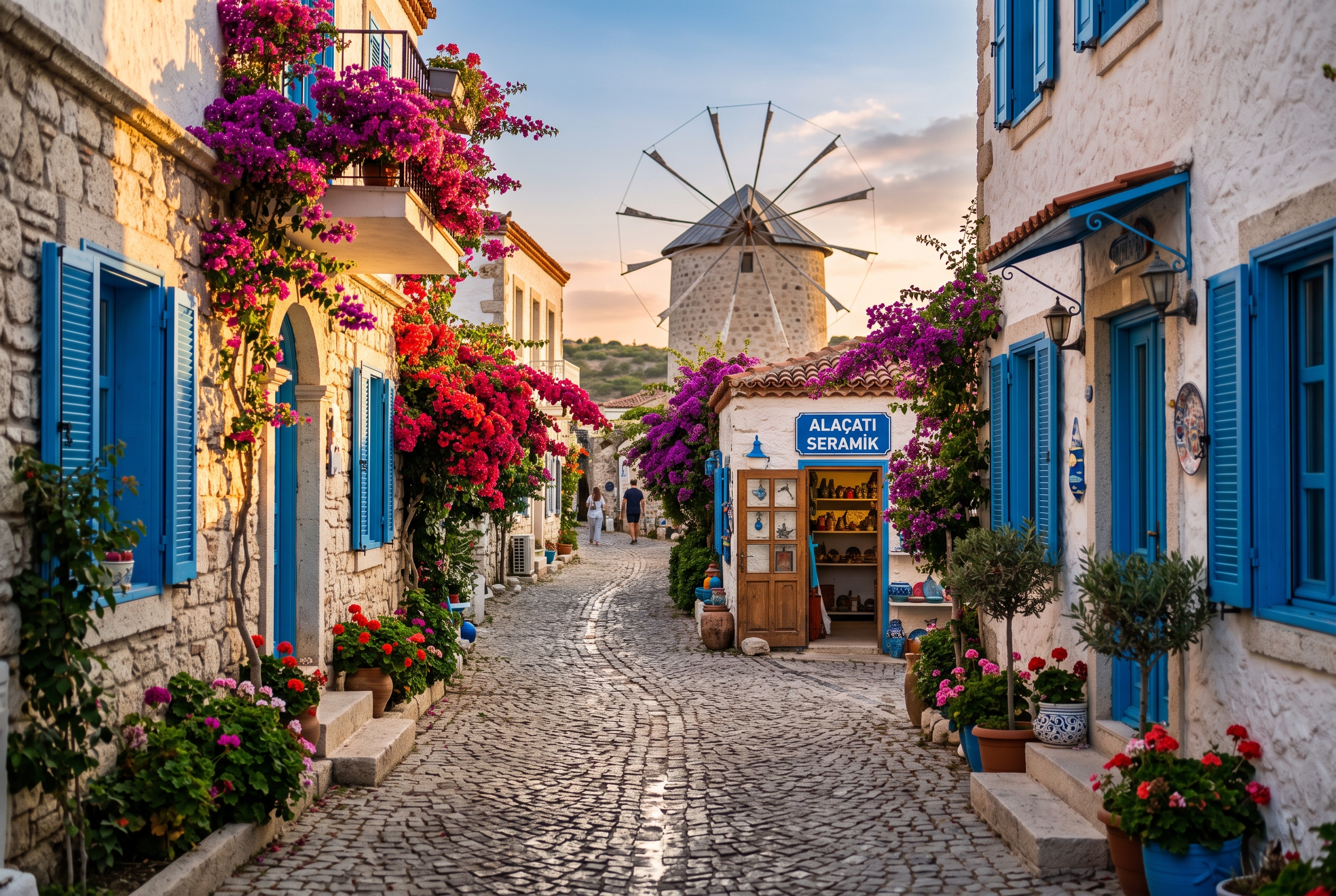 A cobbled Alacati old town street with blue-shuttered stone houses, bougainvillea and a historic stone windmill