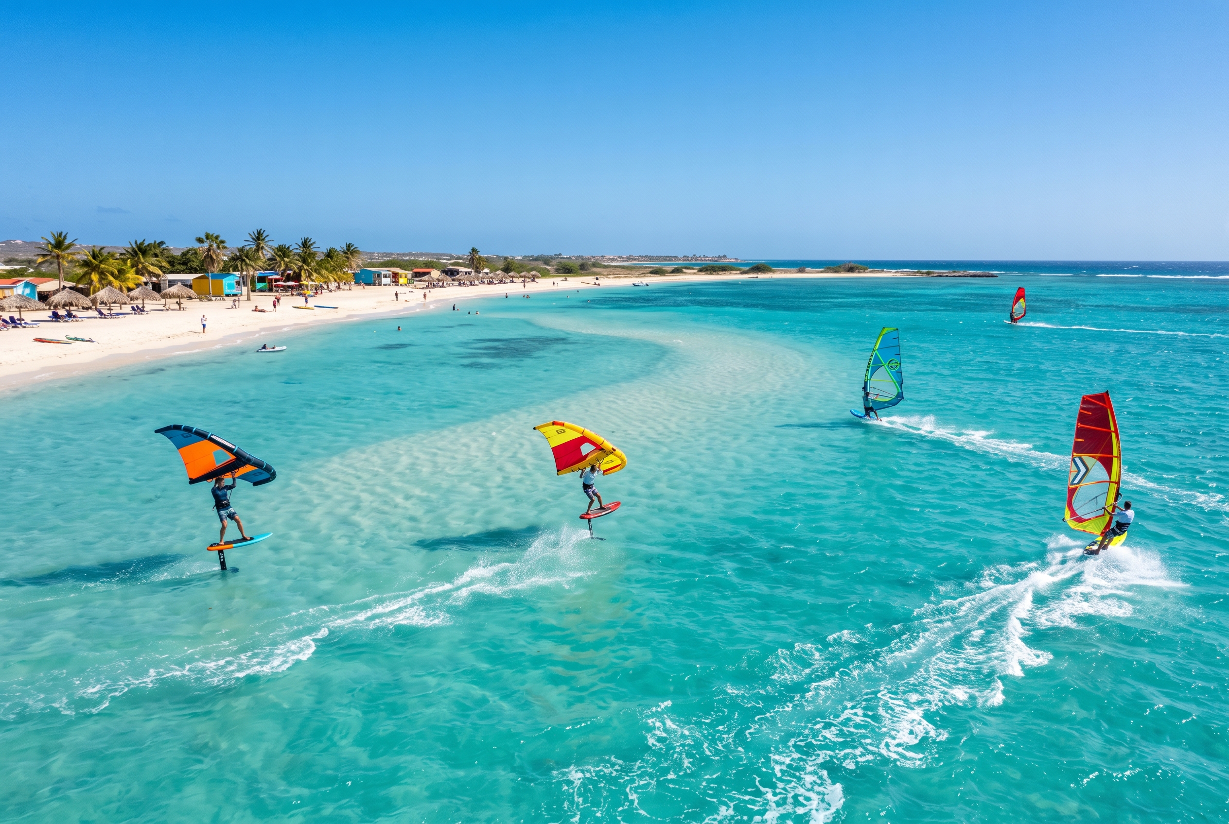 Turquoise flat water and trade-wind chop at Hadicurari Beach, Aruba, with wing foilers and windsurfers