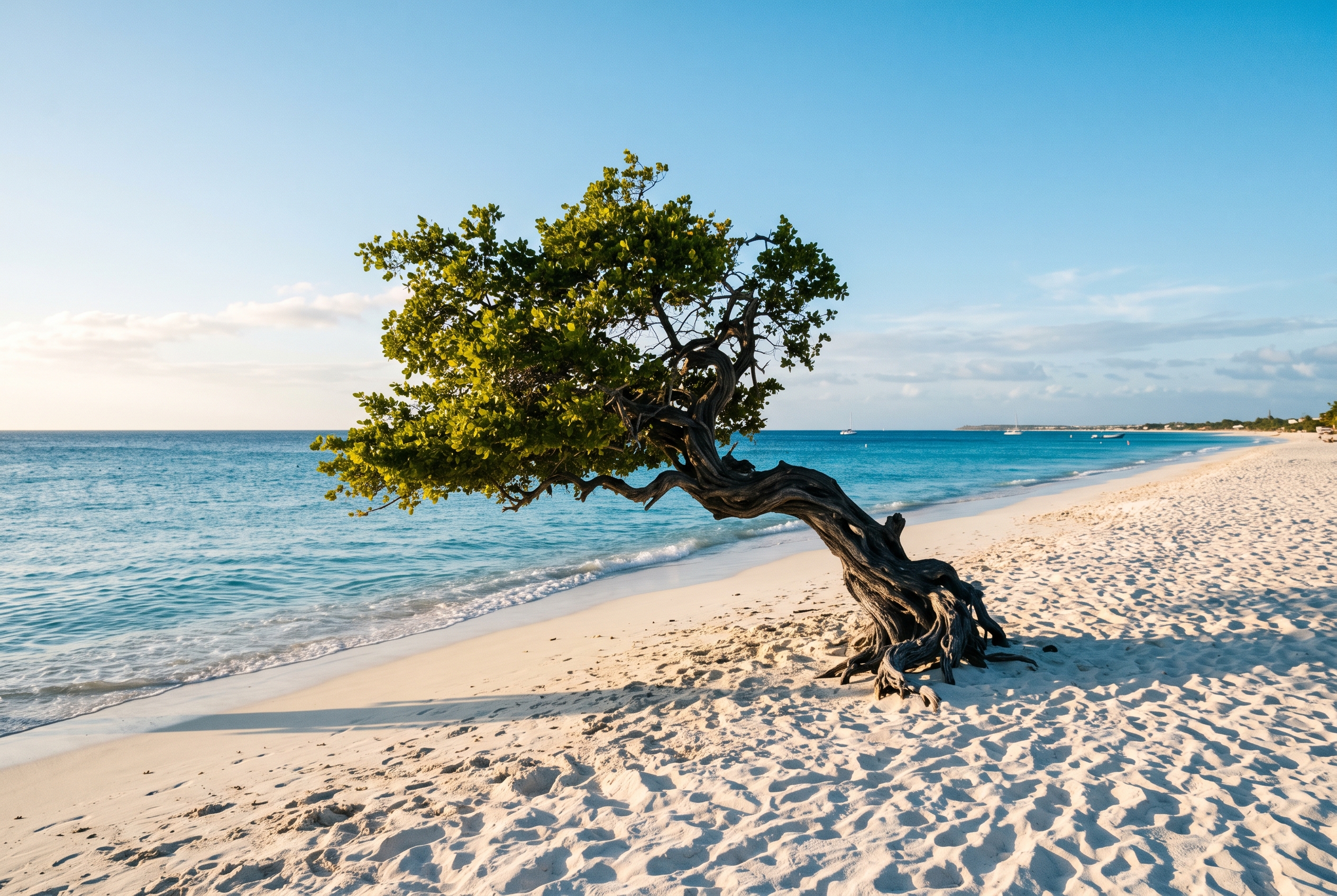 The famous wind-bent divi-divi tree leaning over a white-sand turquoise beach in Aruba