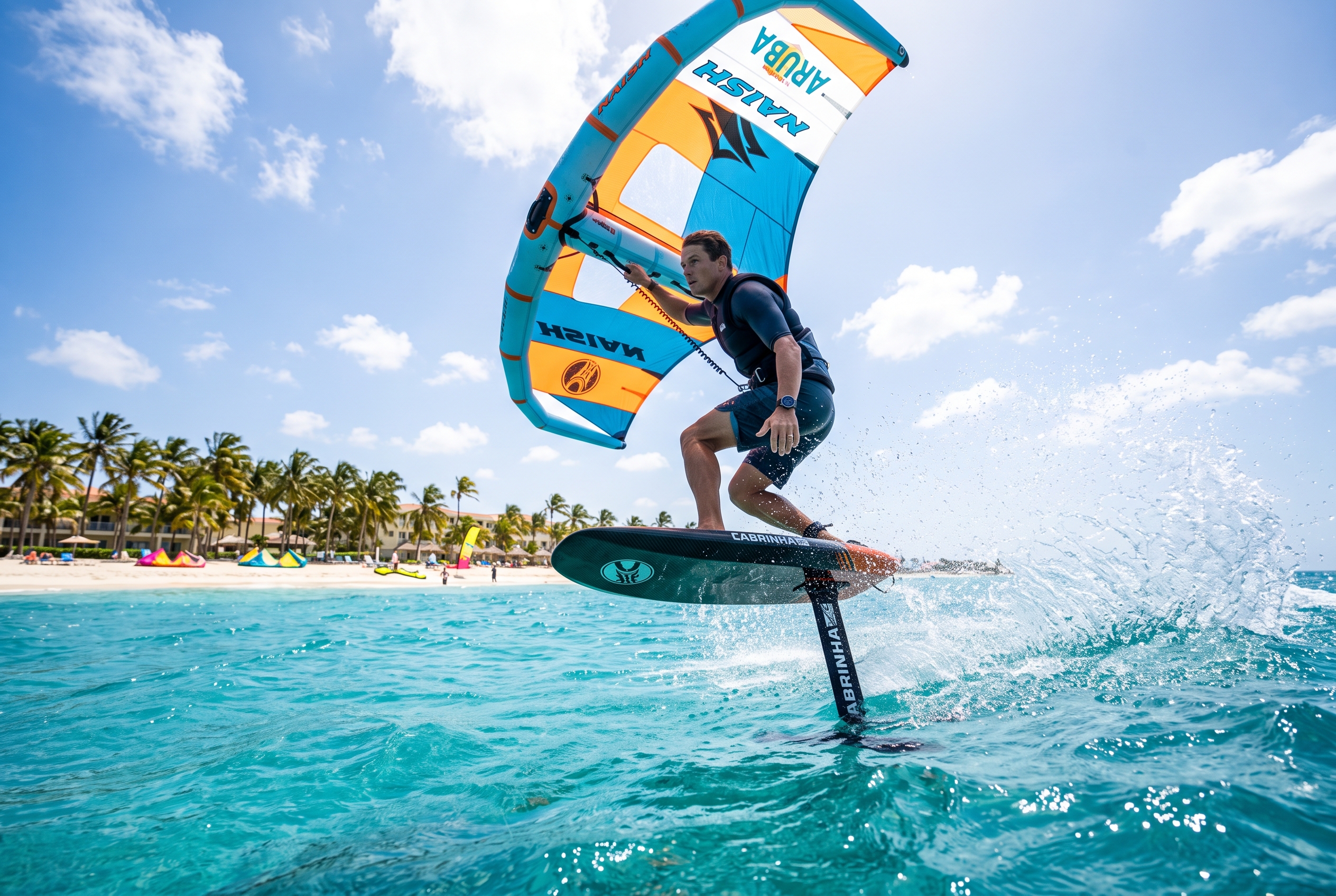 Wing foiler riding a hydrofoil on turquoise water at Fishermans Huts, Aruba, with a palm-lined white beach behind