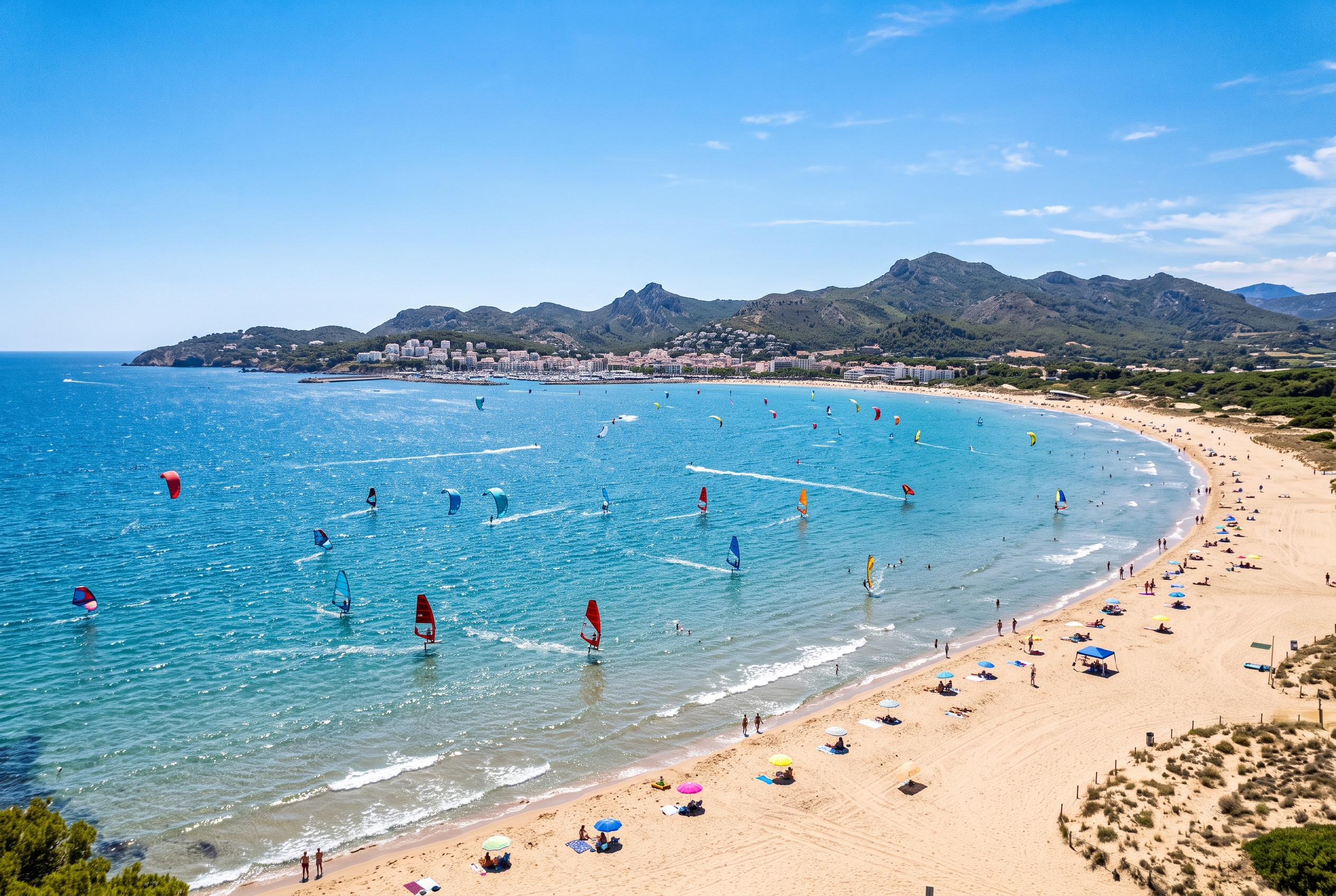 Wide sandy Bay of Roses beach with kite and wing foilers on flat blue water on a sunny Catalan day