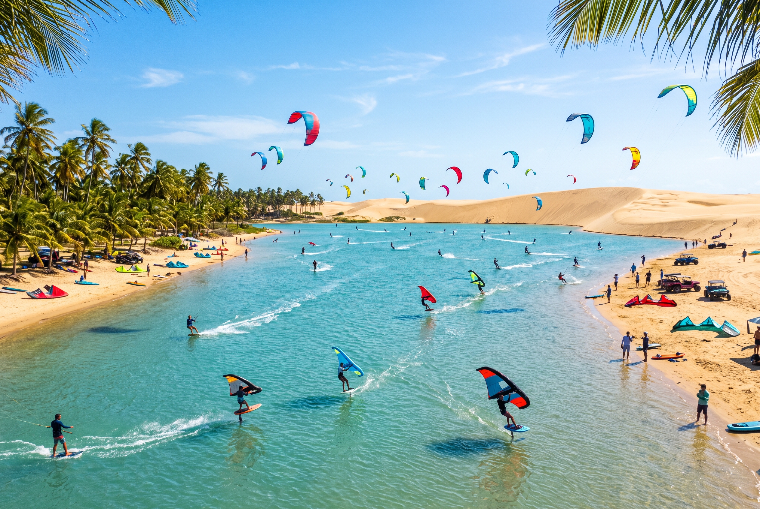 Multiple wing and kite riders on the flat water of the Cauipe lagoon near Cumbuco with golden dunes and palms