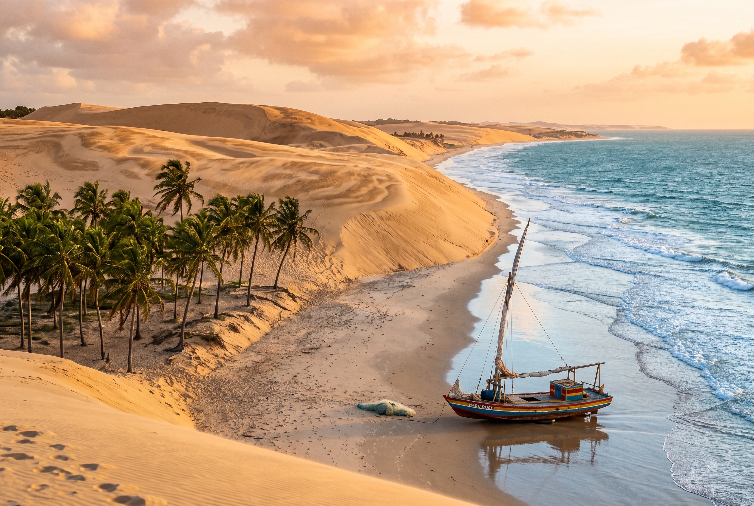 Golden sand dunes meeting the sea with palm trees and a traditional jangada boat on a Ceara beach in Brazil