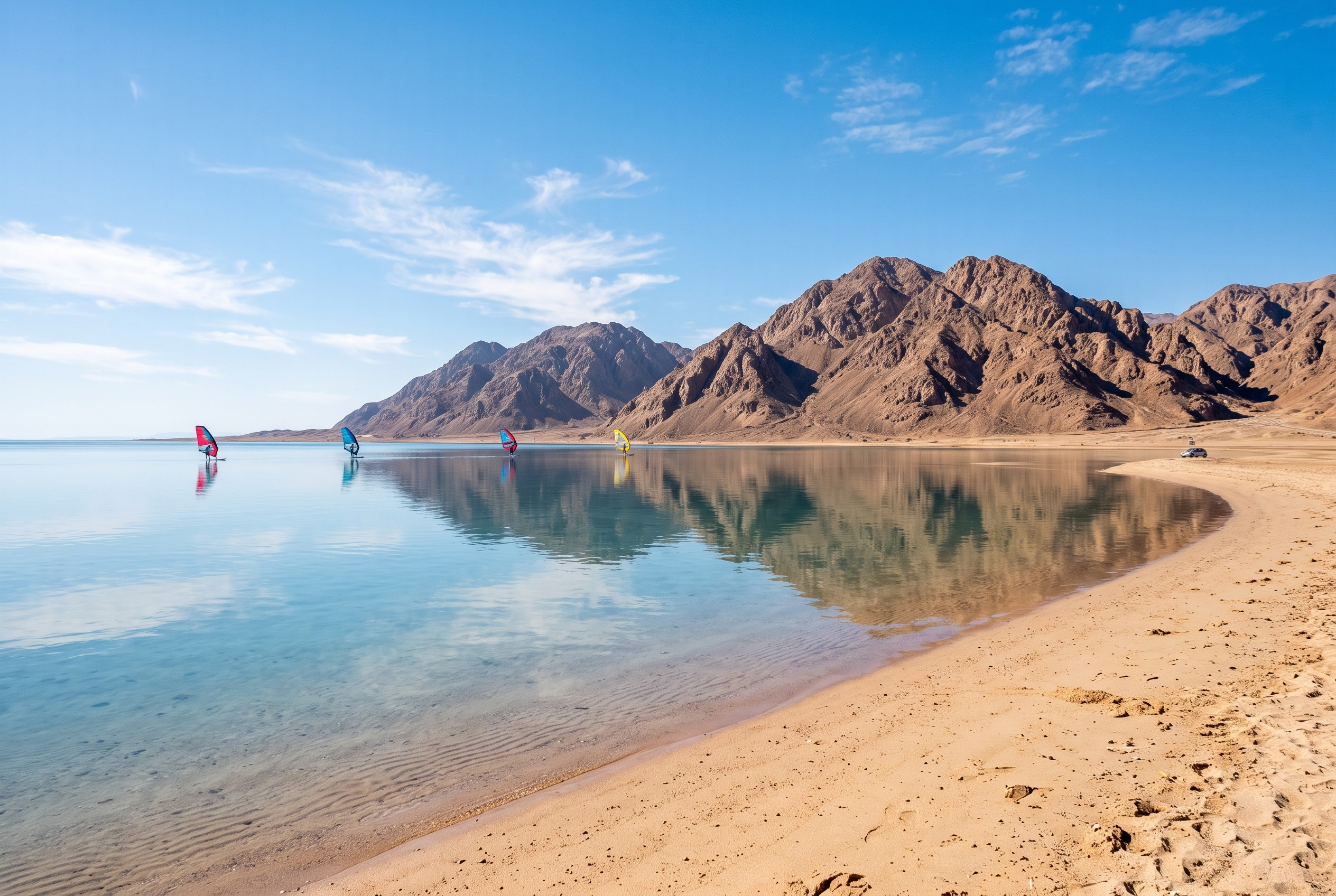 The flat shallow turquoise wing foiling lagoon at Dahab backed by Sinai desert mountains