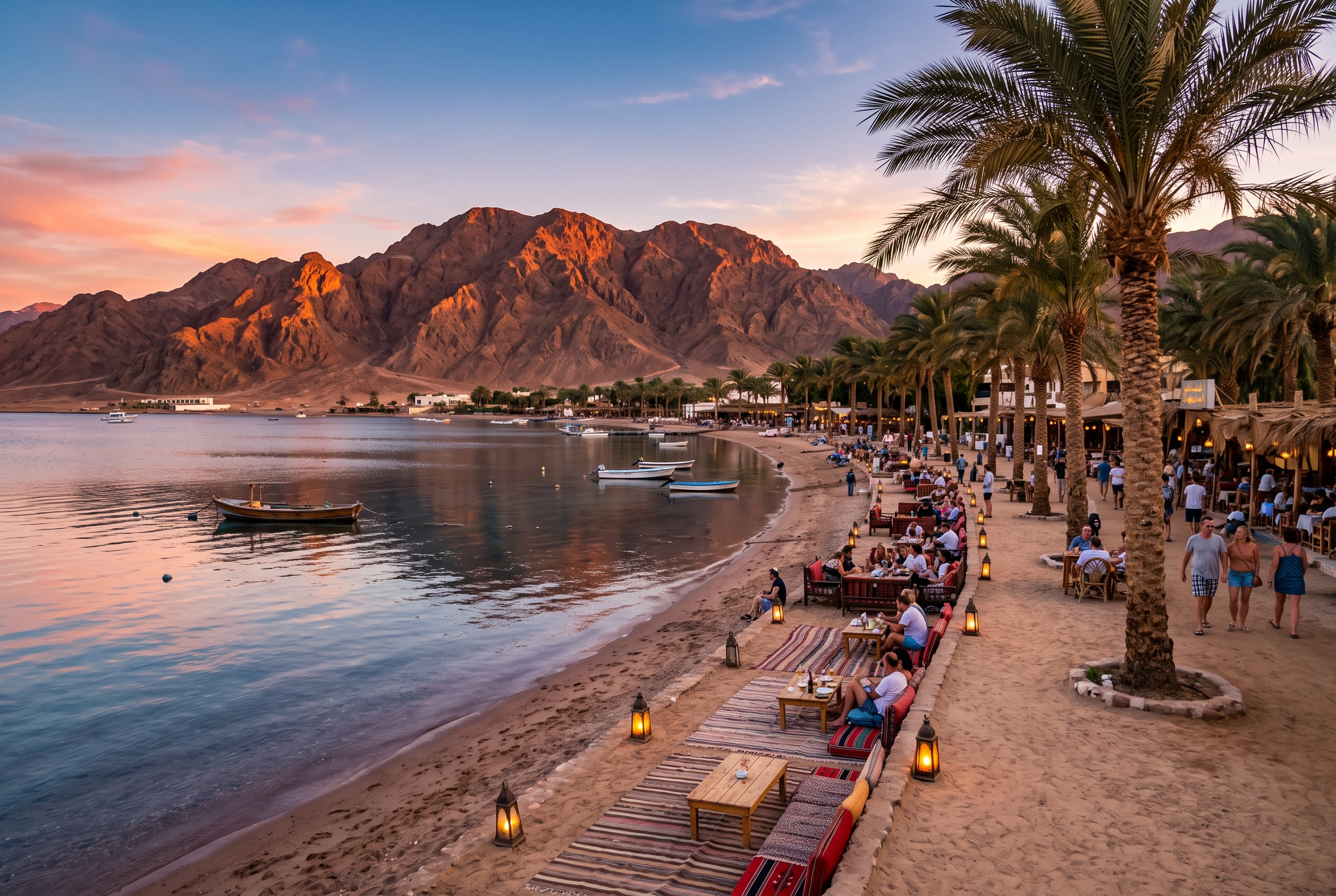 Dahab waterfront promenade at golden hour with Bedouin cafes, palm trees and desert mountains across the bay