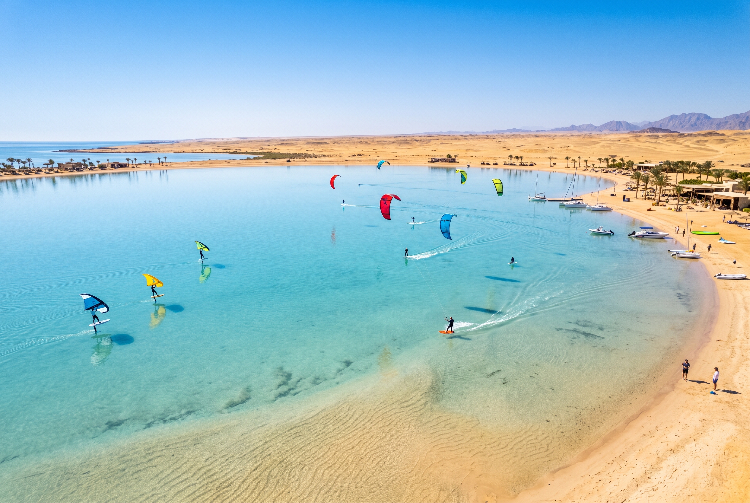 Shallow turquoise lagoon at Mangroovy Beach El Gouna with wing and kite riders on flat water against a desert backdrop