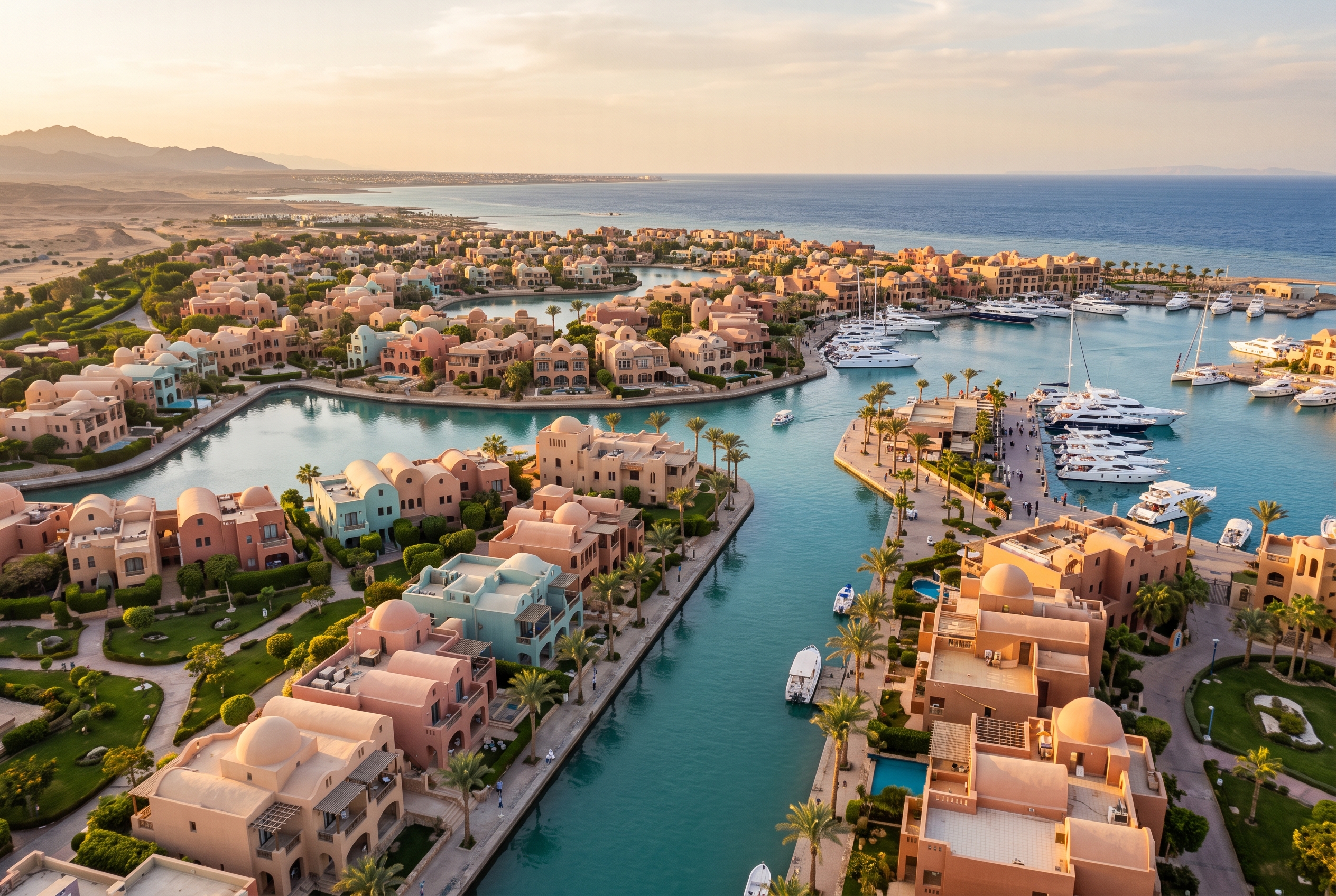 Pastel Nubian-style El Gouna resort town with canals and lagoons beside the Red Sea and desert