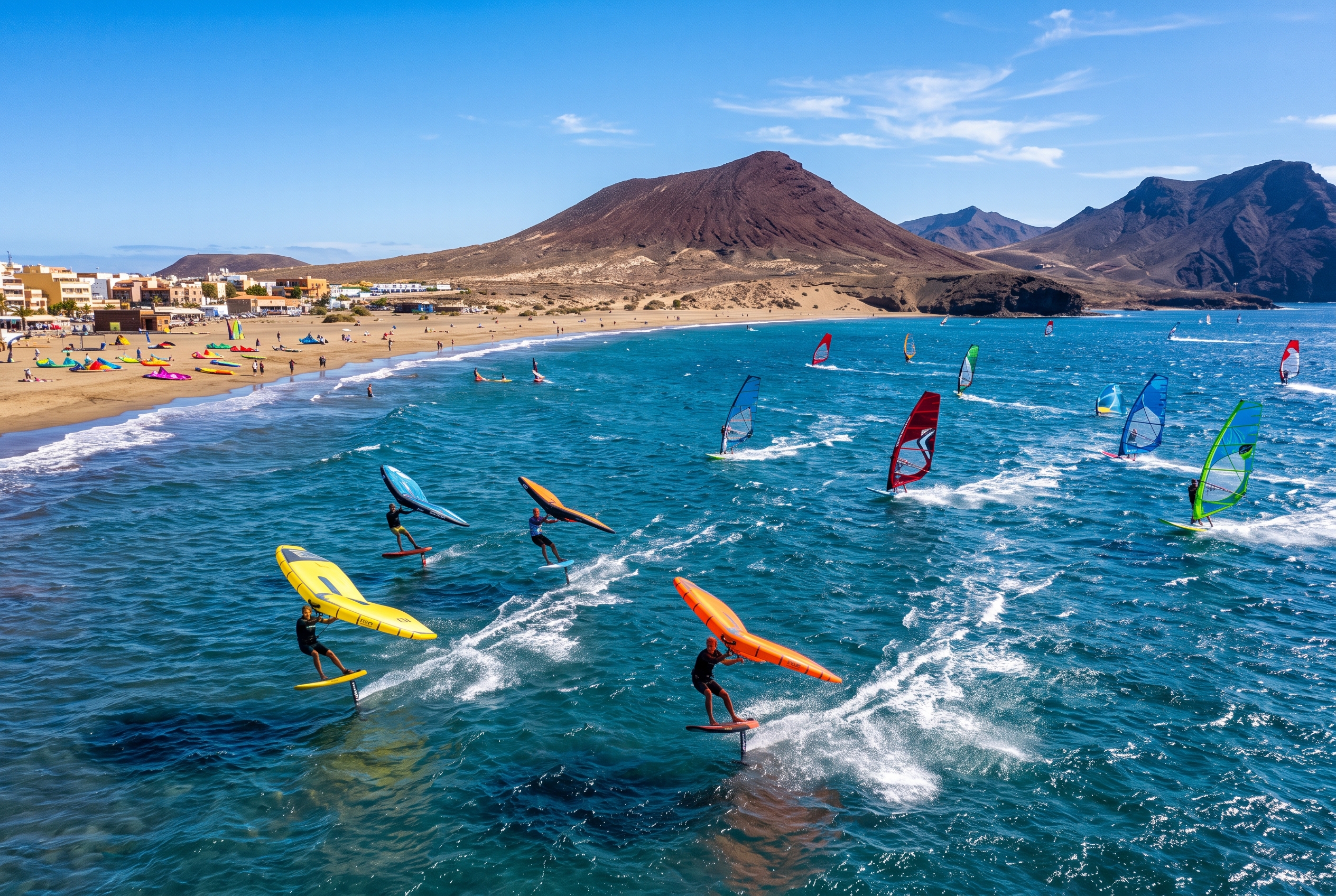 The El Medano bay crowded with wing foilers and windsurfers on the blue Atlantic, Tenerife