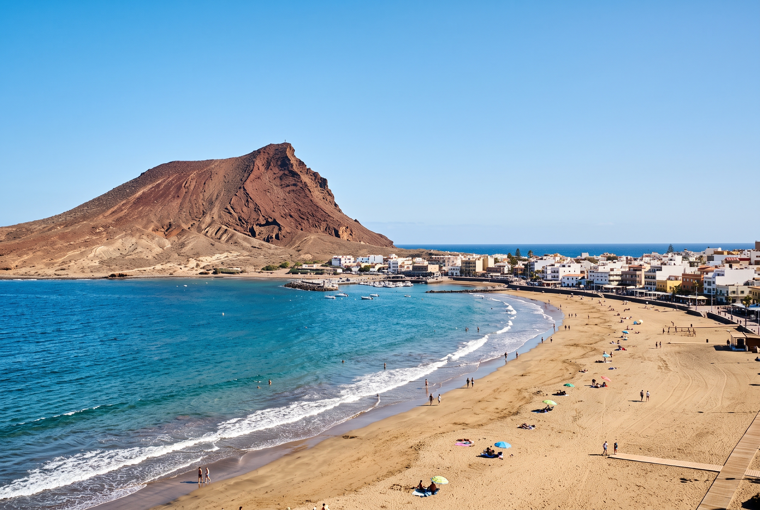 The red volcanic Montana Roja cone rising over the beach town of El Medano, Tenerife