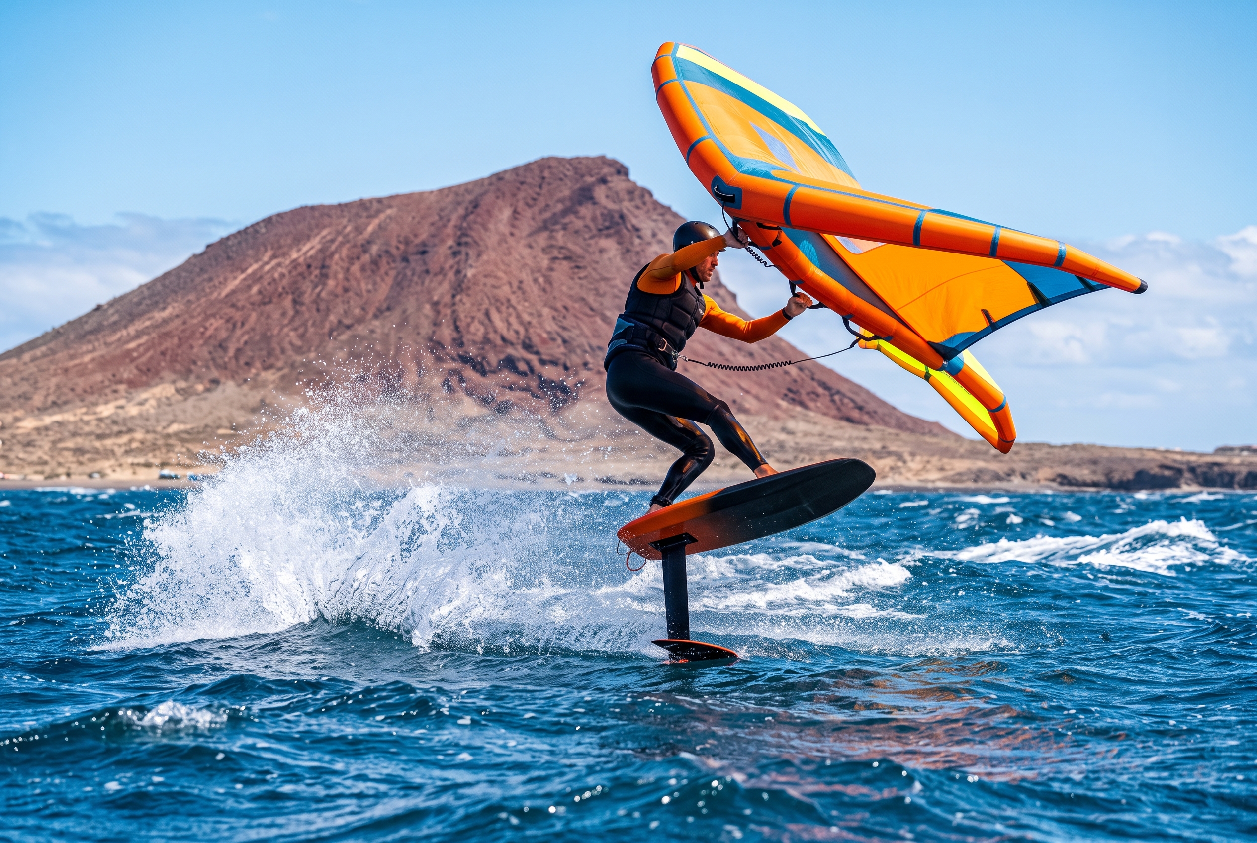Wing foiler on a hydrofoil holding a wing in the windy El Medano bay with Montana Roja behind, Tenerife