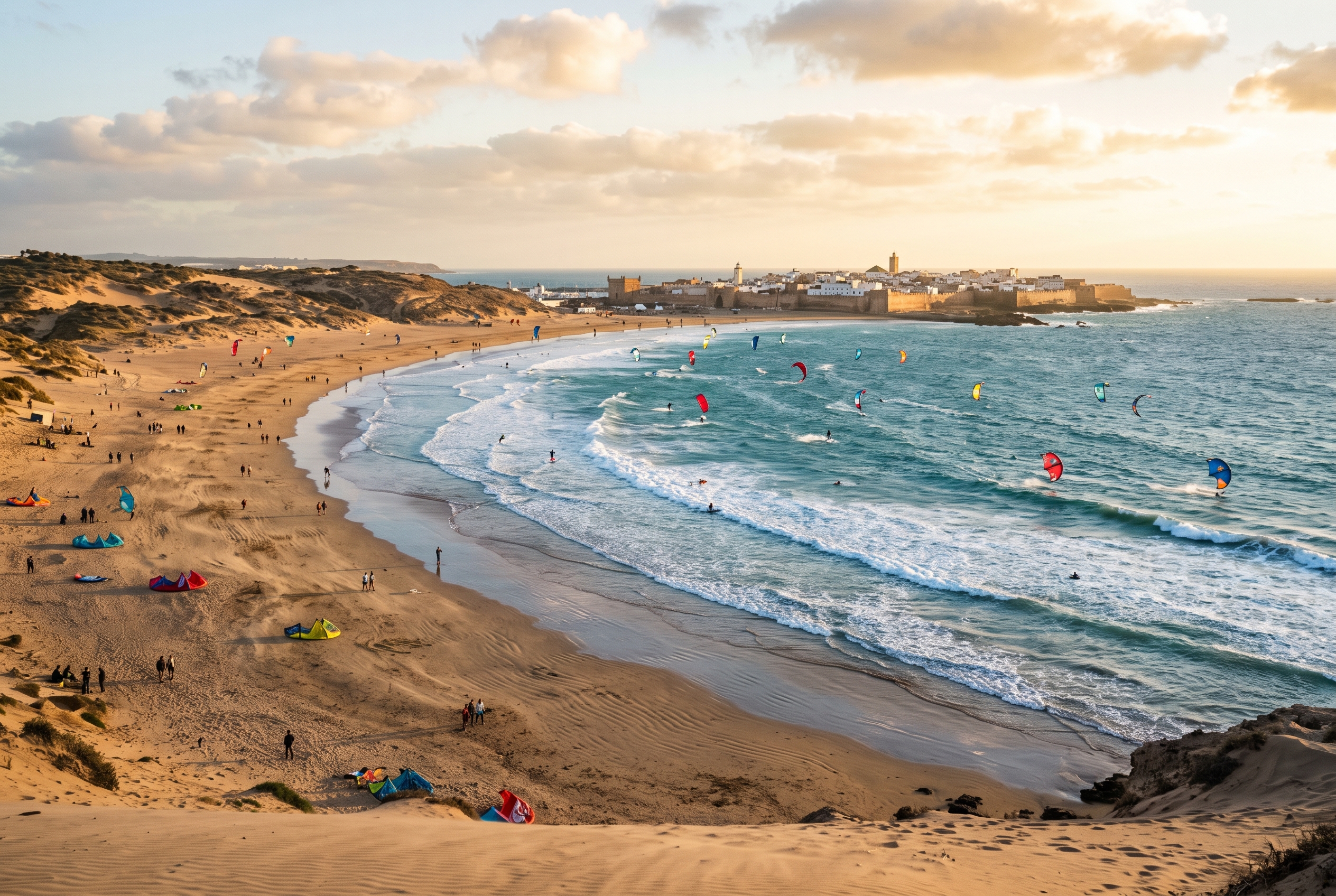Windy Essaouira bay with kite and wing riders, wide sandy beach and Atlantic swell