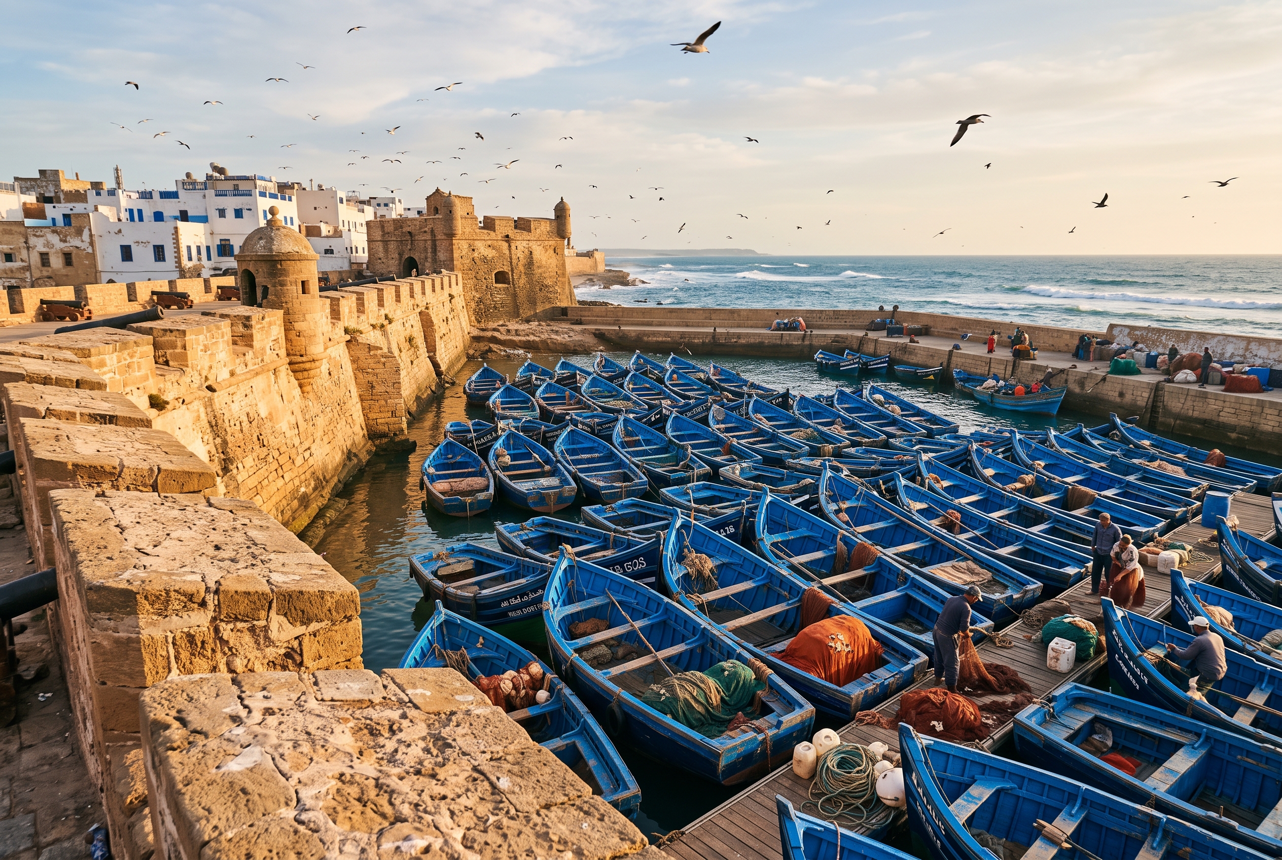 Essaouira medina ramparts and harbour with blue fishing boats and seagulls