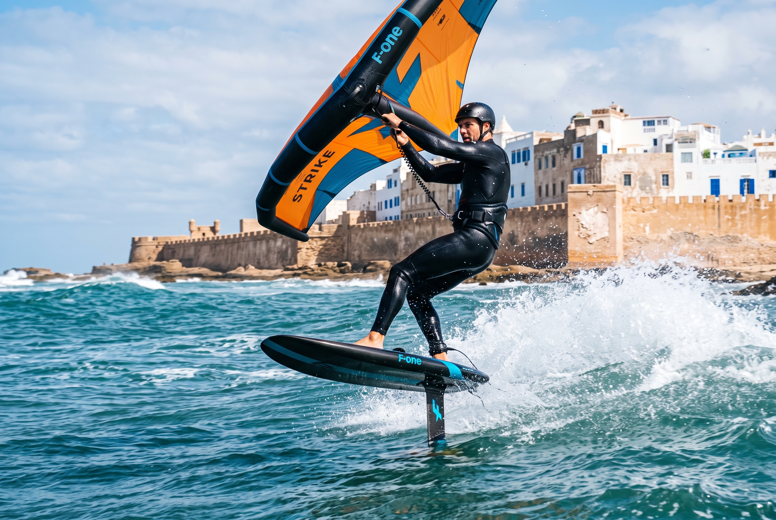 Wing foiler riding a hydrofoil in the blue bay of Essaouira with the medina ramparts behind
