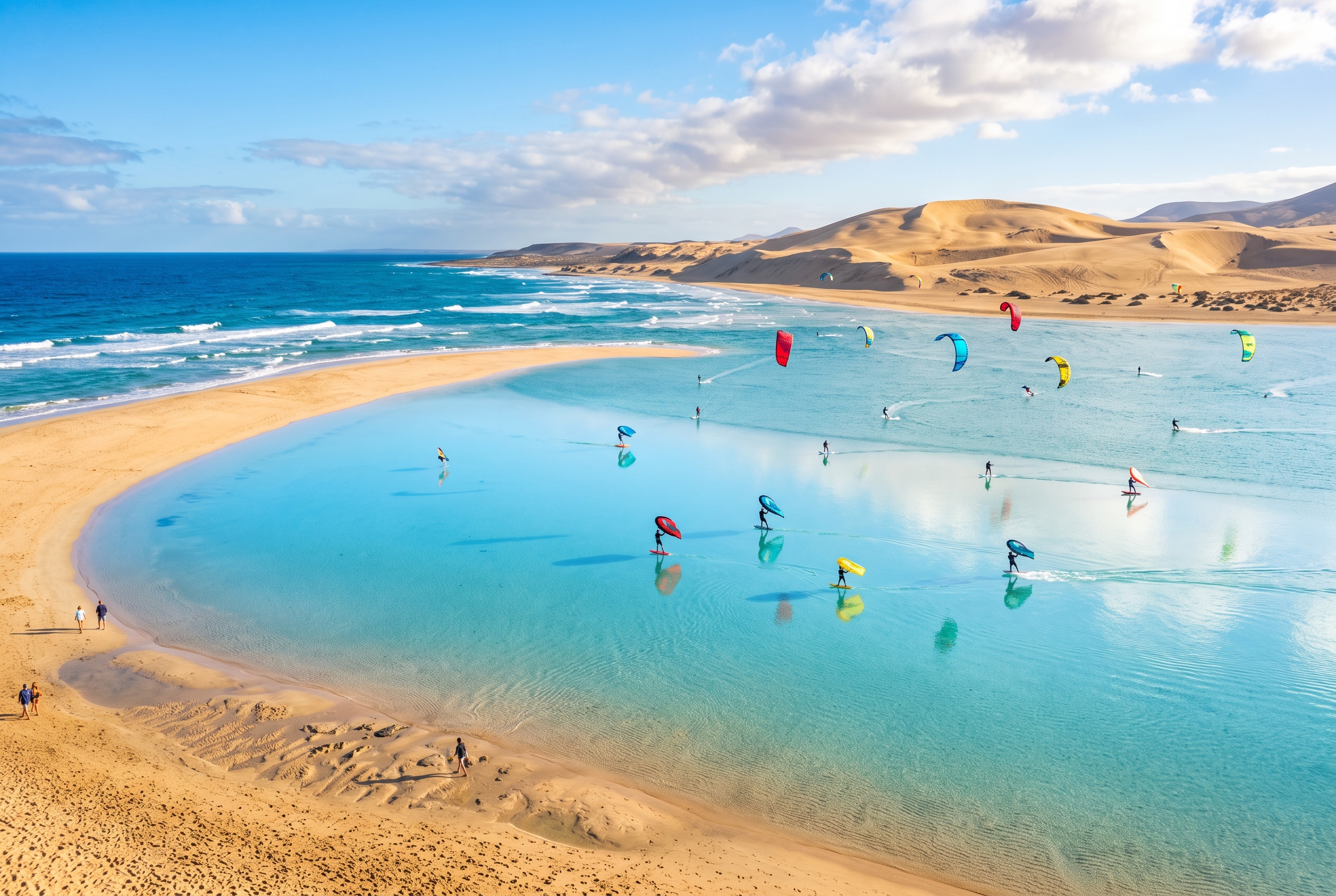 The wide shallow turquoise Sotavento lagoon at high tide with wing and kite riders and golden sand