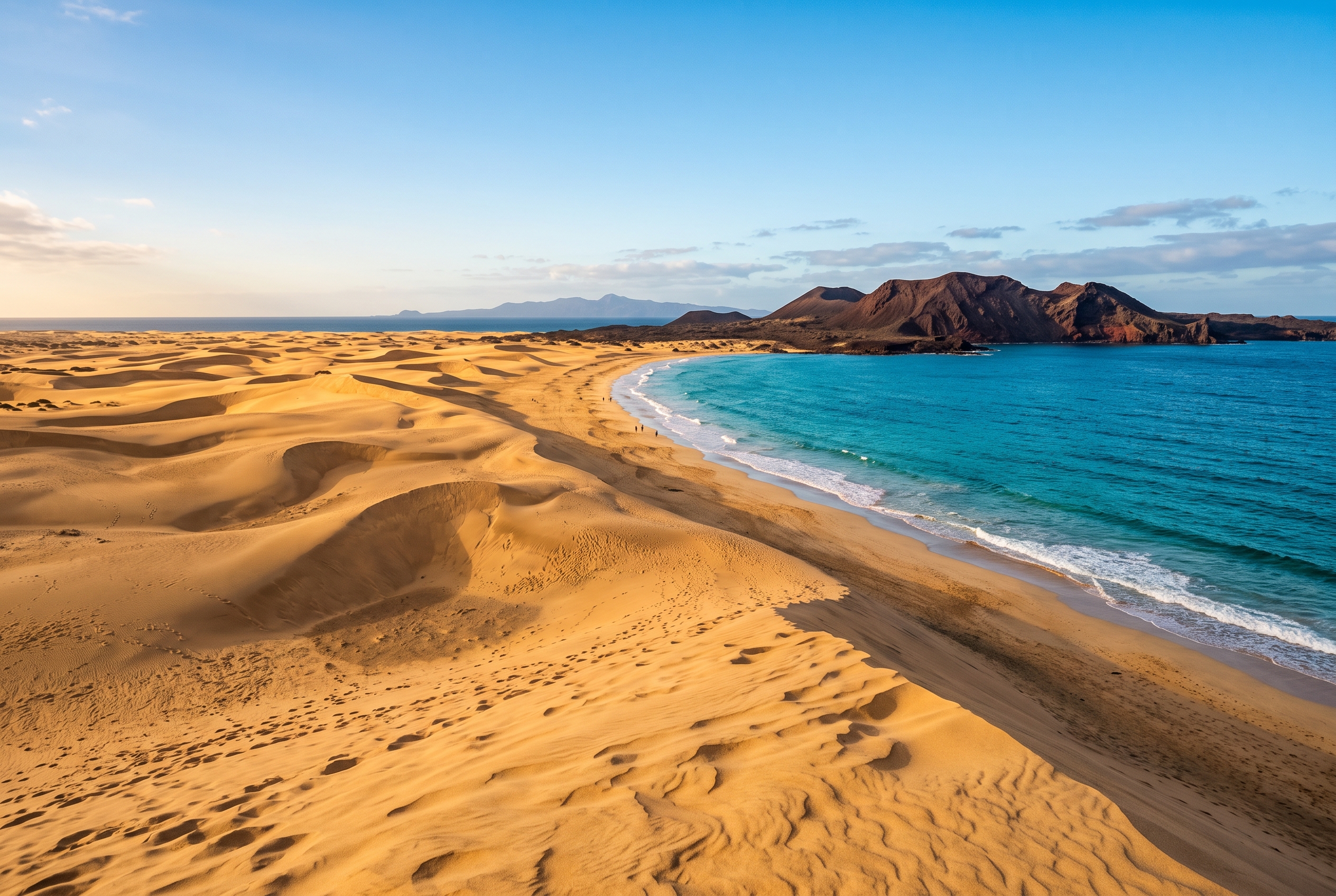 Rolling golden Corralejo sand dunes meeting the turquoise Atlantic sea in Fuerteventura