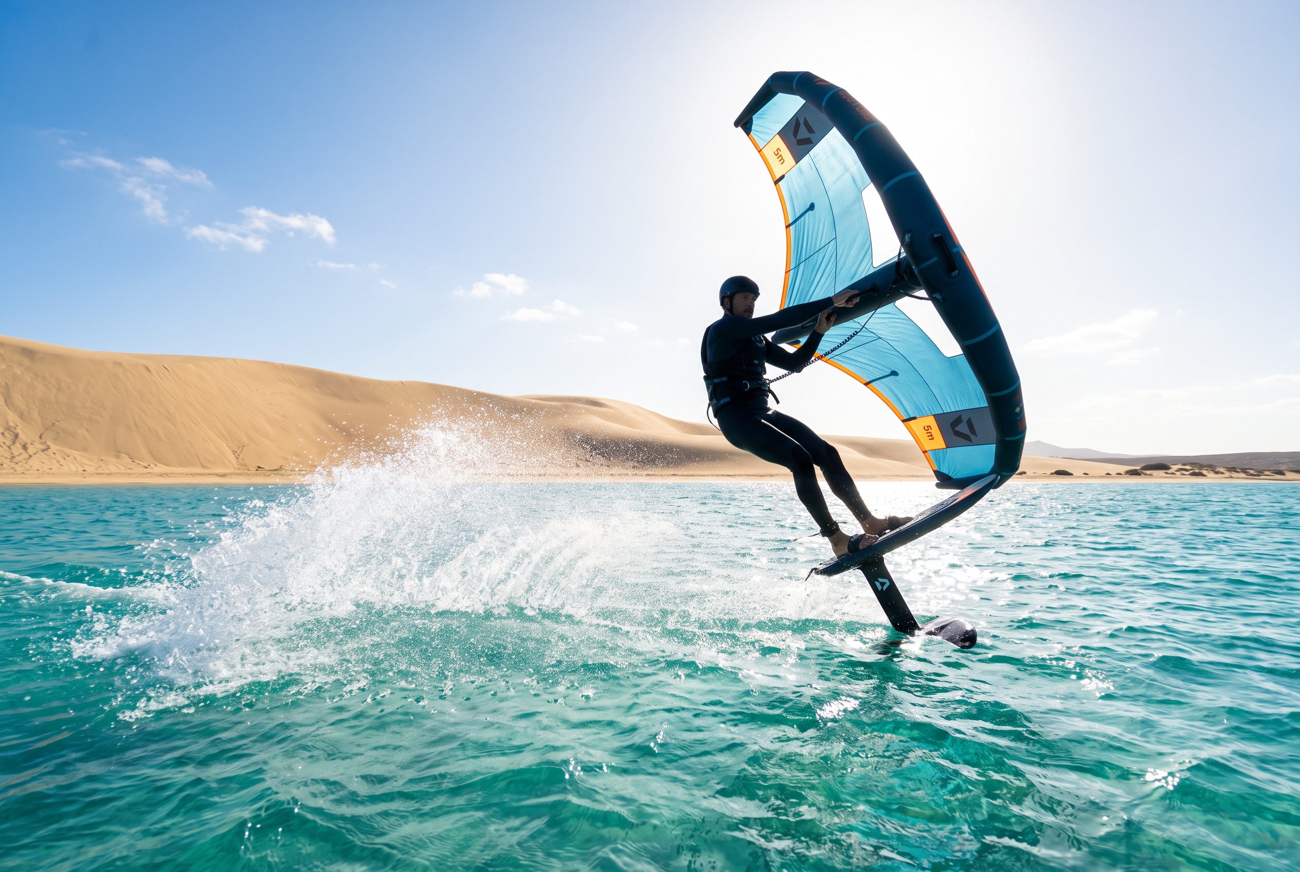 Wing foiler riding a hydrofoil across the turquoise Sotavento lagoon with golden Fuerteventura dunes behind