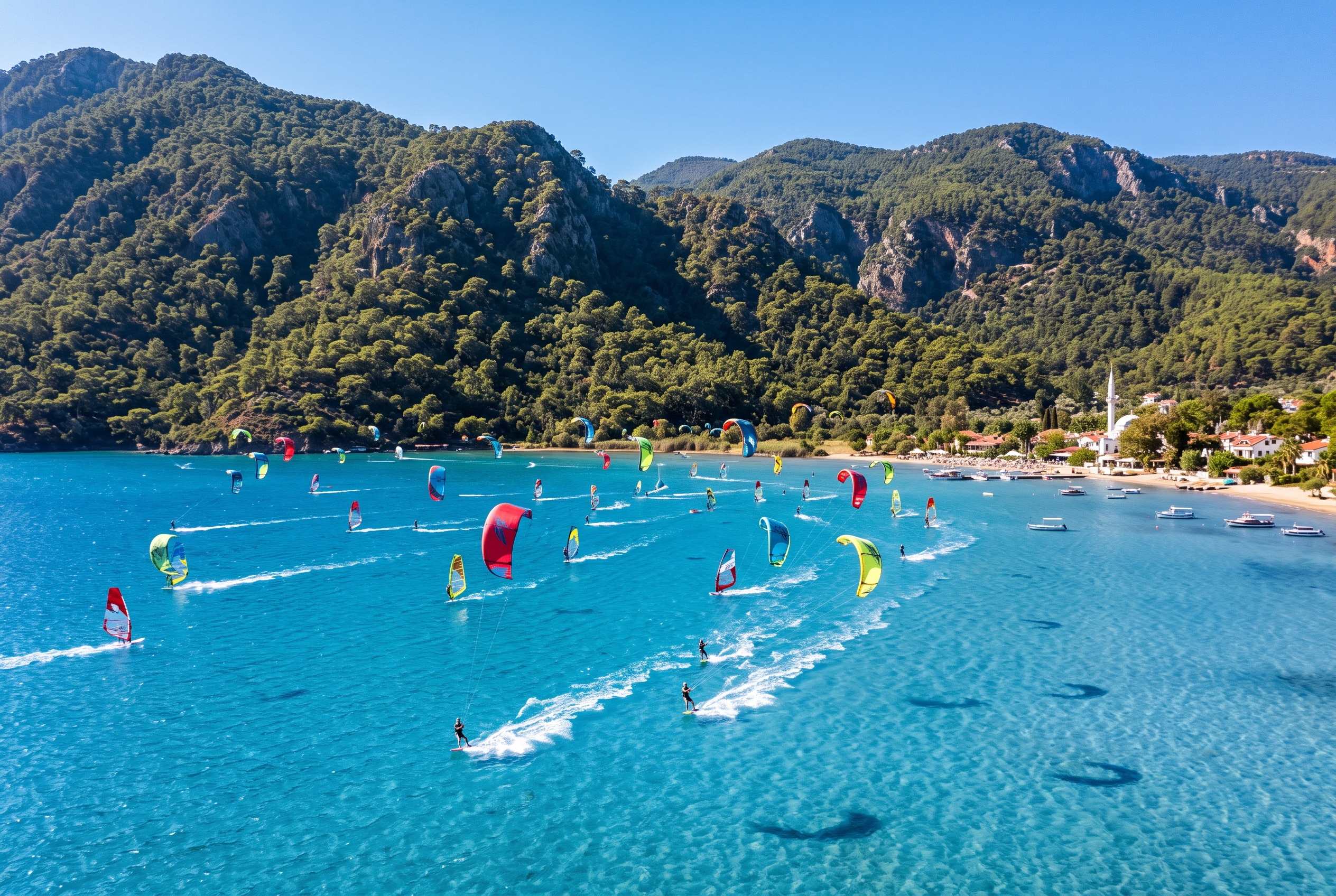 The Akyaka Gokova bay busy with wind-sports riders on flat blue water below steep forested mountains