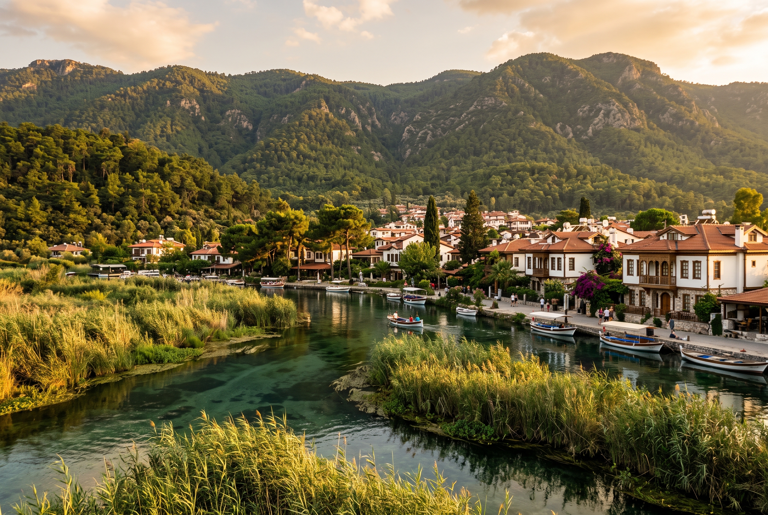 Akyaka village with traditional Ula-style wooden houses beside the clear, reed-lined Azmak river and green mountains