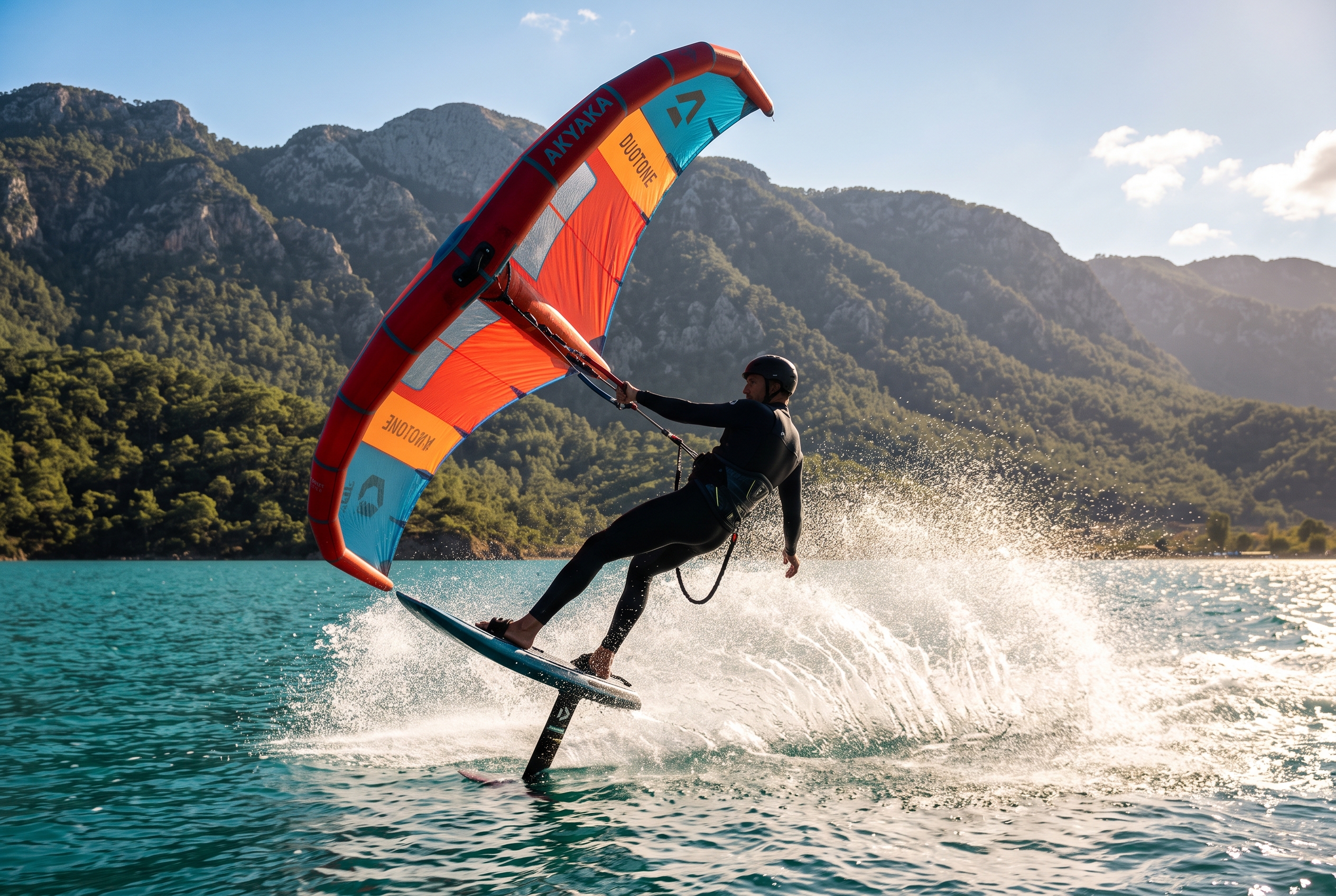 Wing foiler riding a hydrofoil across the flat turquoise bay at Akyaka in the Gulf of Gokova with green pine mountains behind