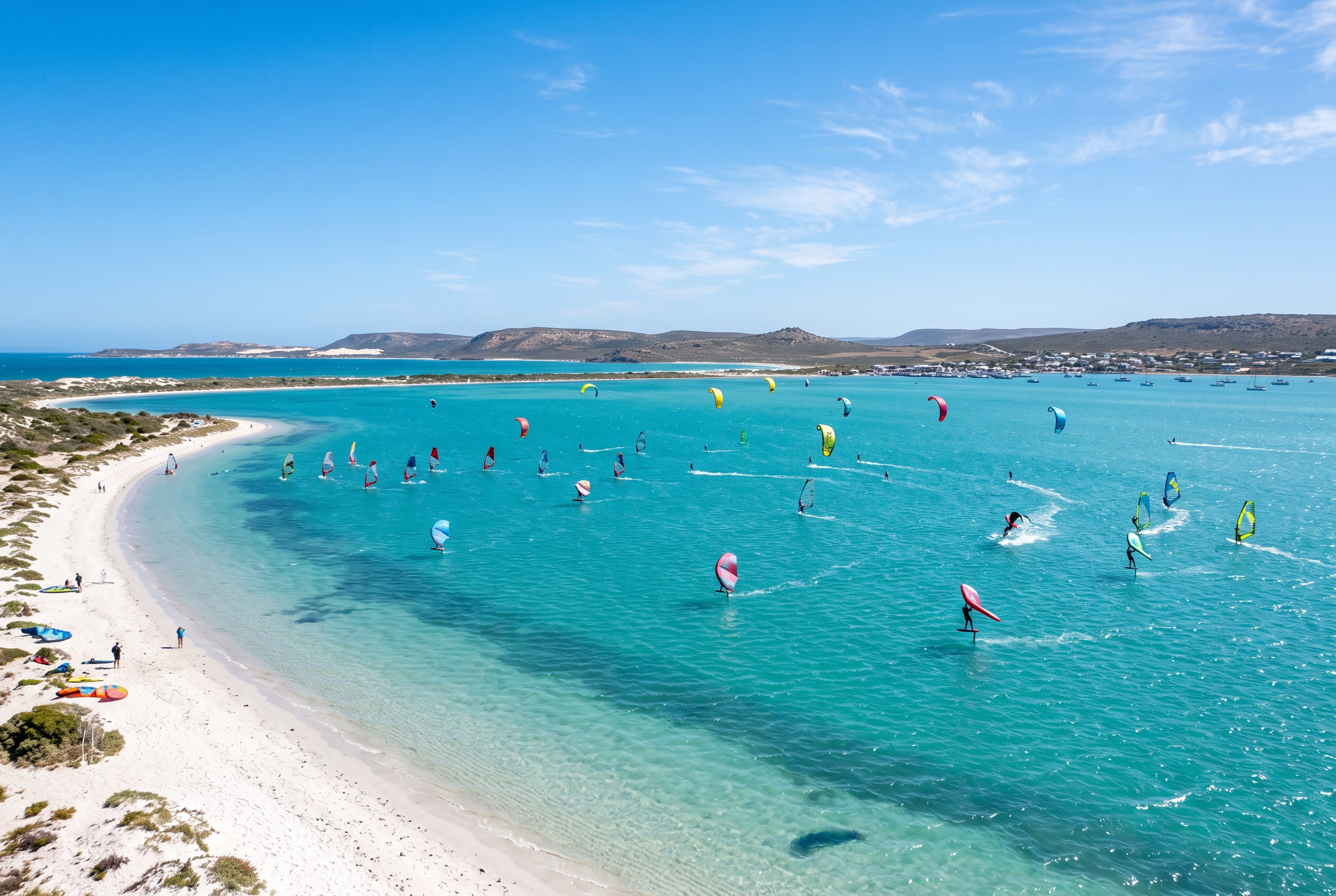 Riders wing foiling on the flat turquoise shallows of Langebaan Lagoon on a sunny day