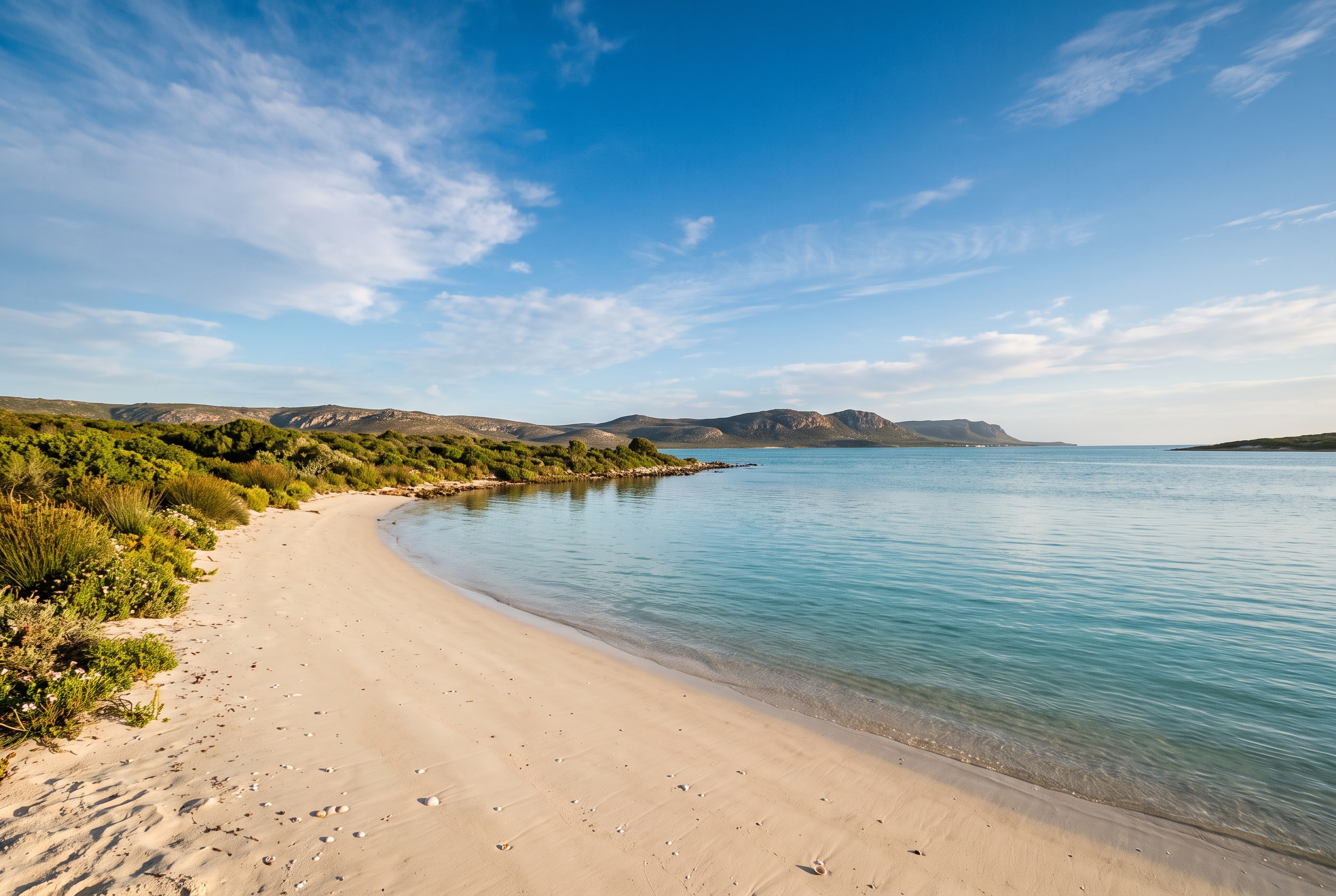 The calm Langebaan Lagoon edged by fynbos and white-sand beach in the West Coast National Park