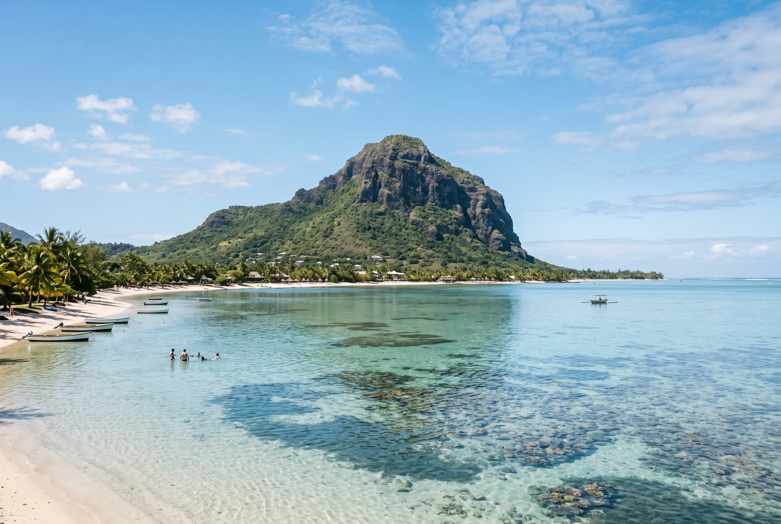 Flat turquoise Le Morne lagoon wing foiling conditions with the Le Morne Brabant mountain backdrop in Mauritius