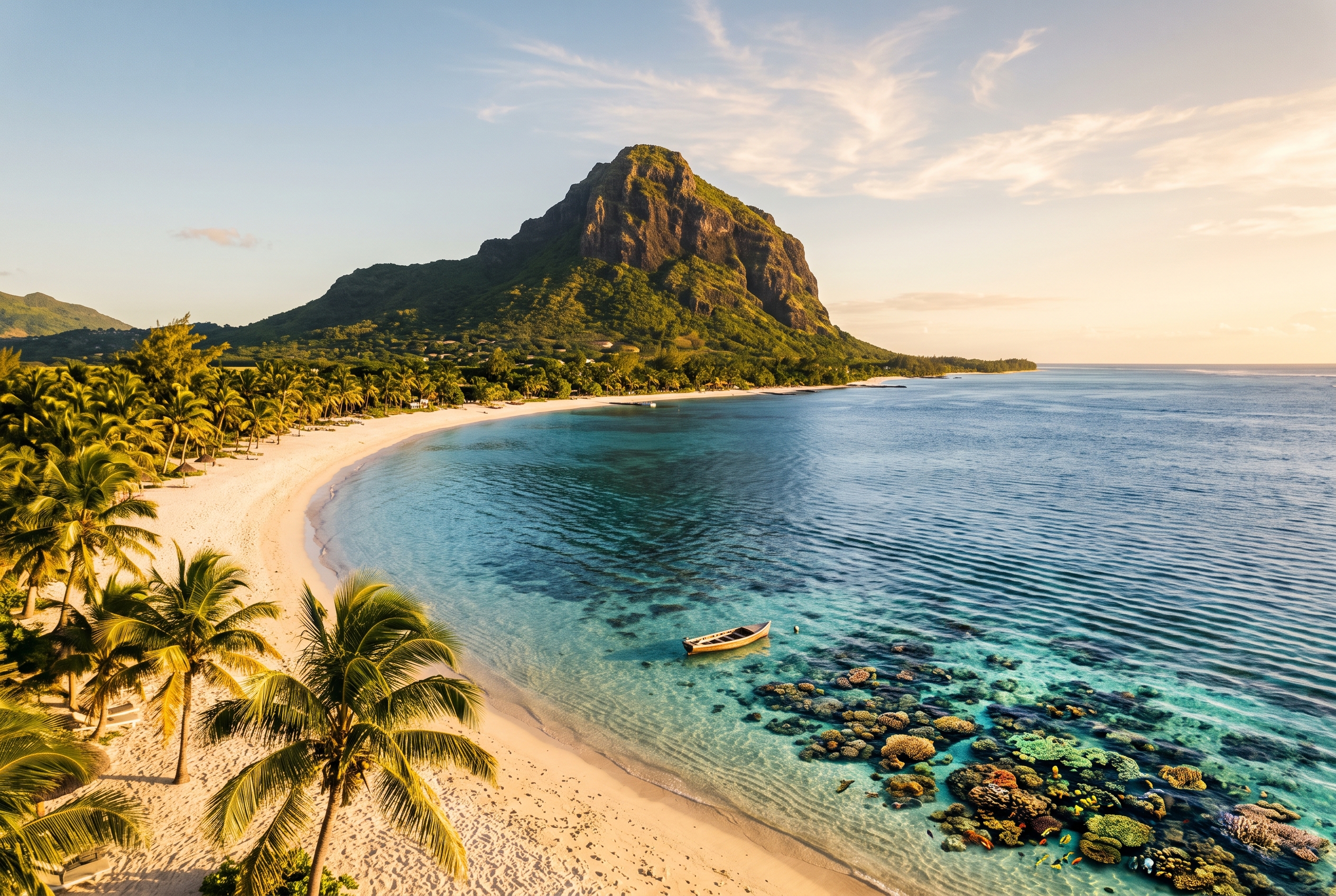 Le Morne Brabant peninsula with palm-fringed white-sand beach and coral reef in Mauritius