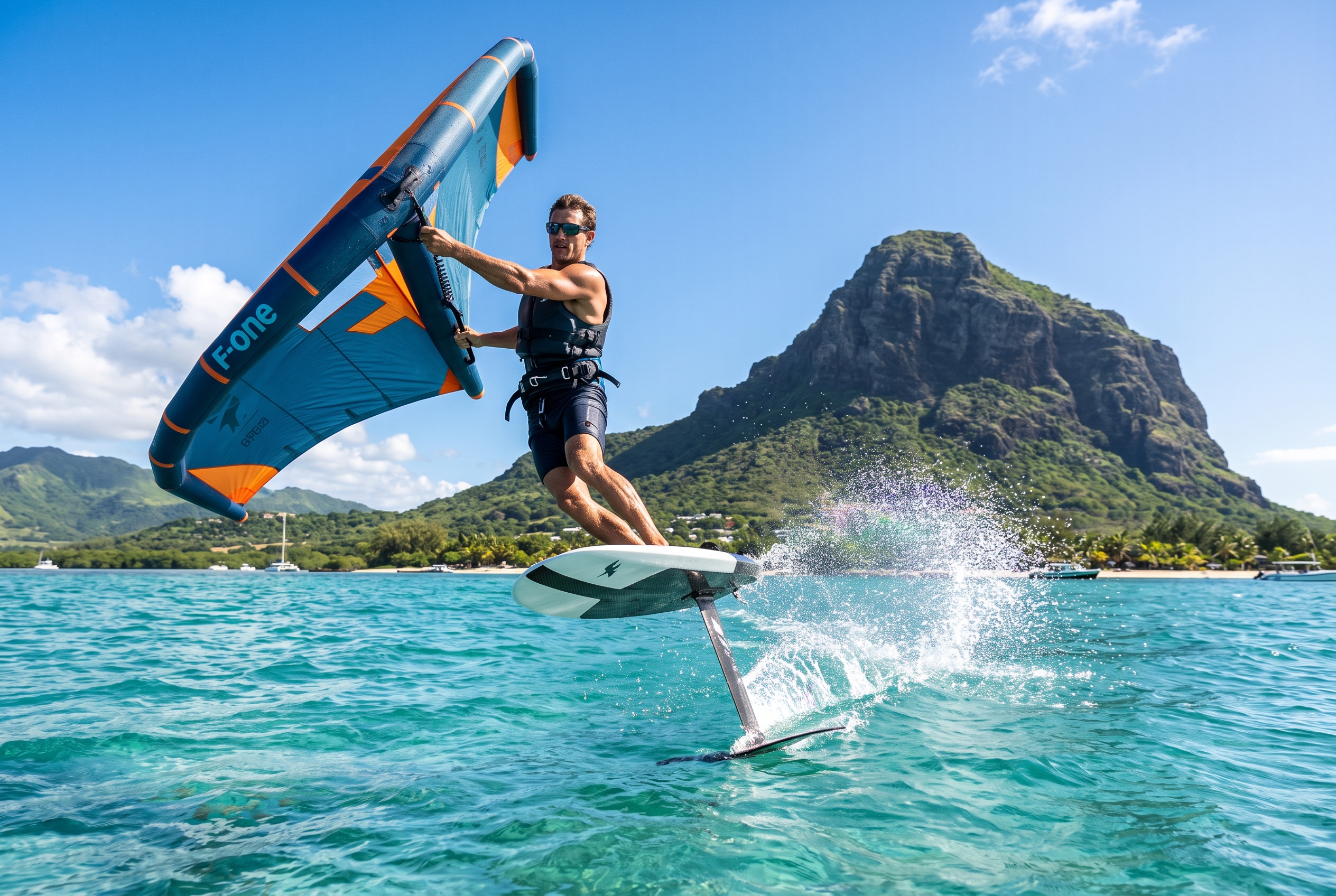 Wing foiler riding a hydrofoil across the turquoise Le Morne lagoon with Le Morne Brabant mountain behind, Mauritius