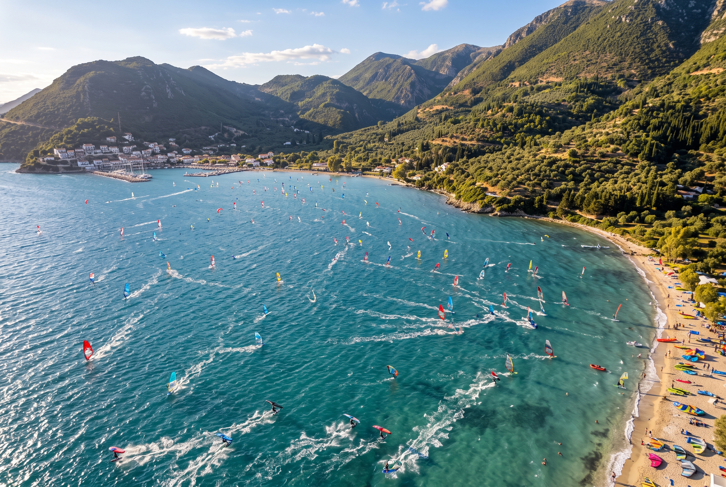 Wing foilers and windsurfers on the flat water of Vassiliki bay during the strong afternoon Eric thermal wind