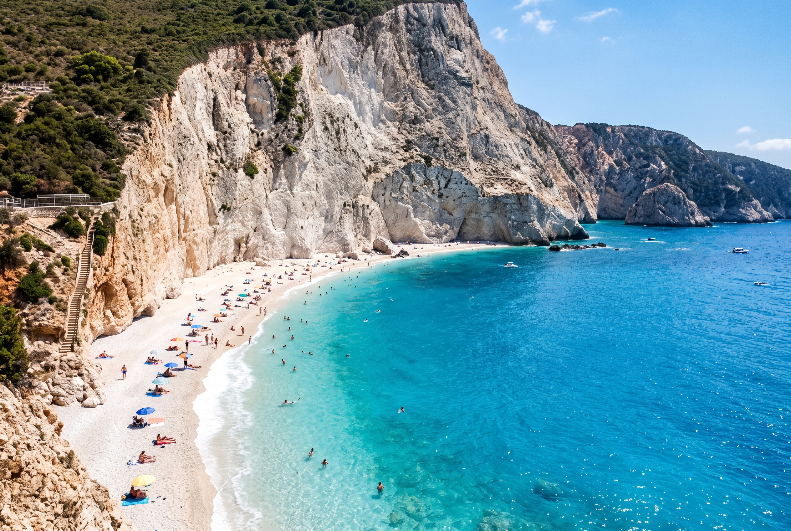 The white limestone cliffs and turquoise water of Porto Katsiki beach on Lefkada, Greece