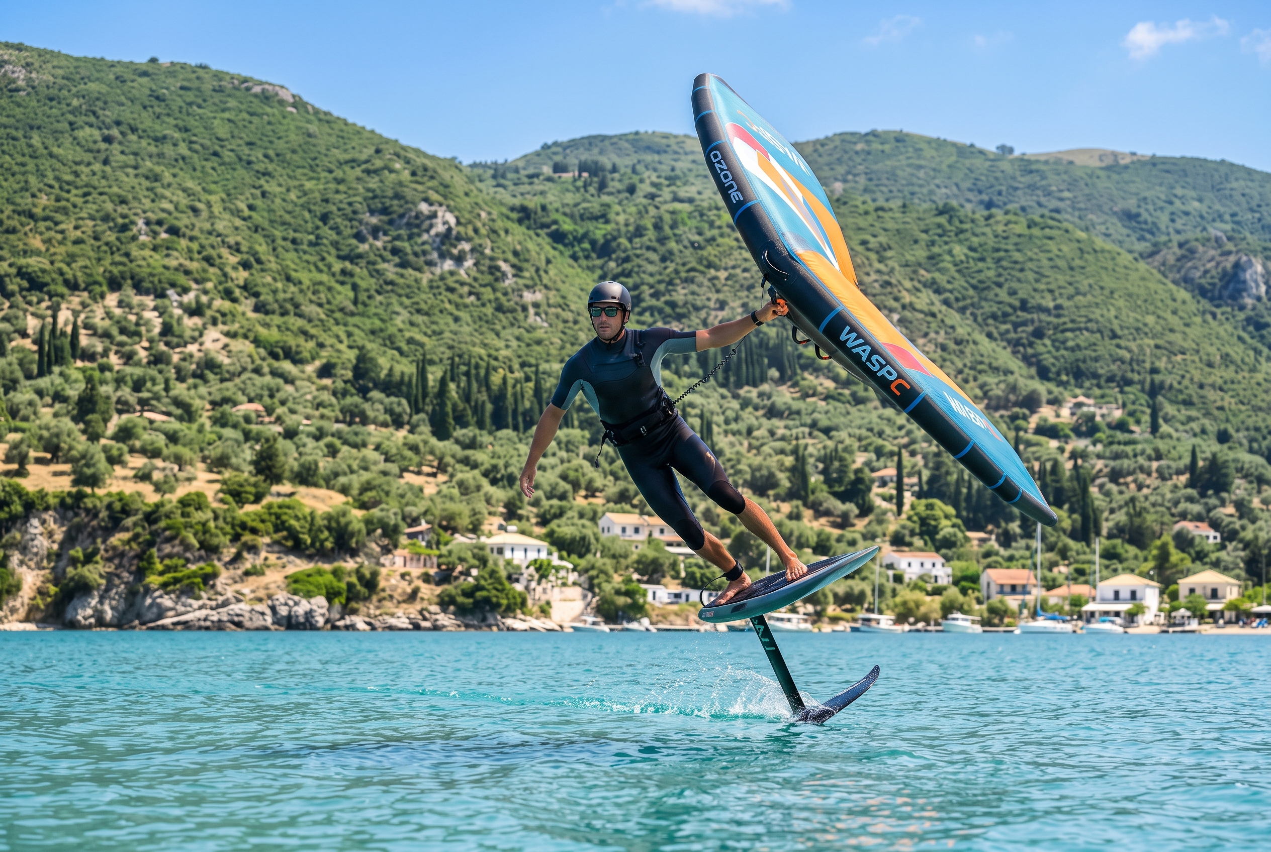Wing foiler riding a hydrofoil across the flat turquoise water of Vassiliki bay with green Lefkada hills behind