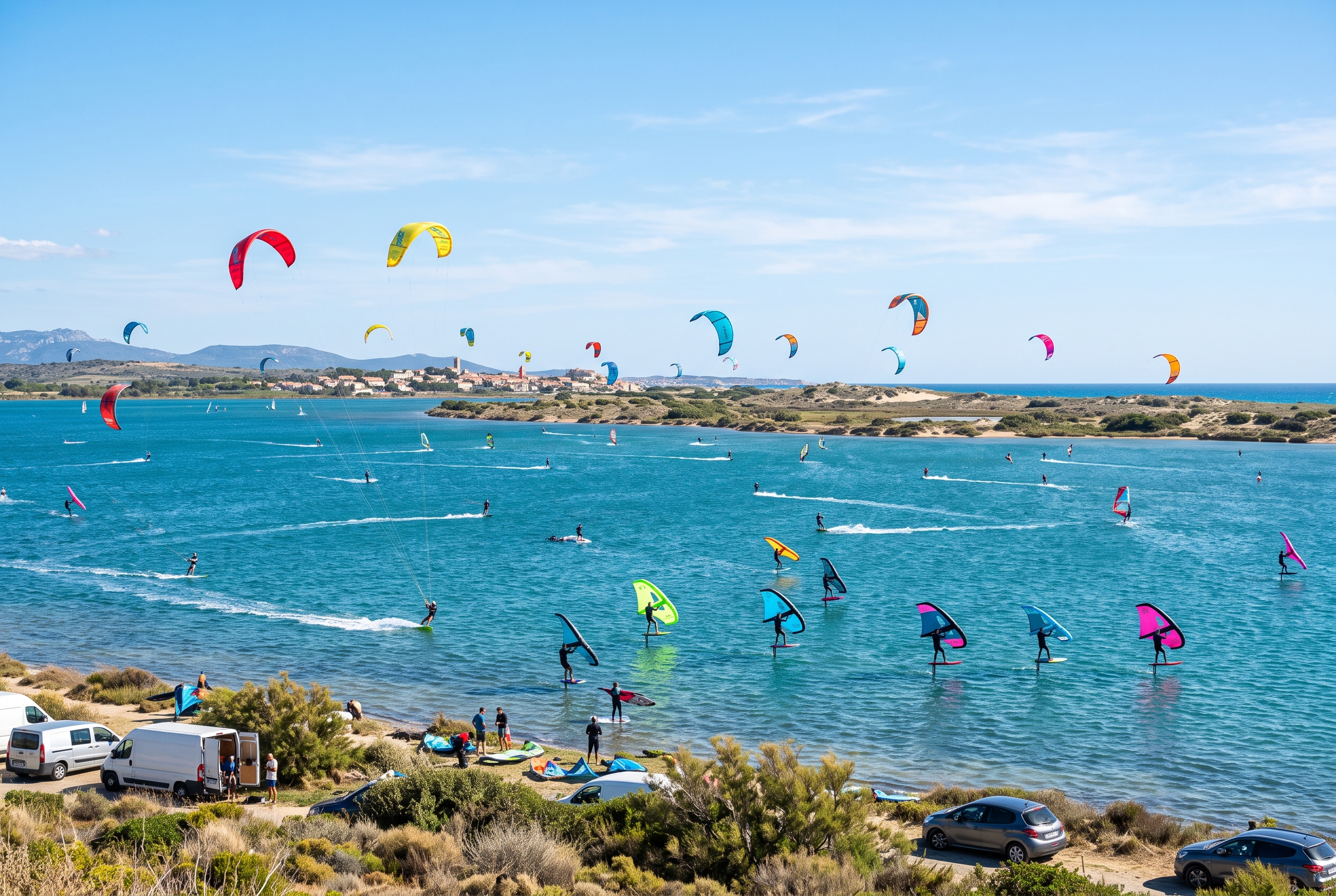 The Leucate lagoon full of wing foilers and kitesurfers on flat turquoise Mediterranean water