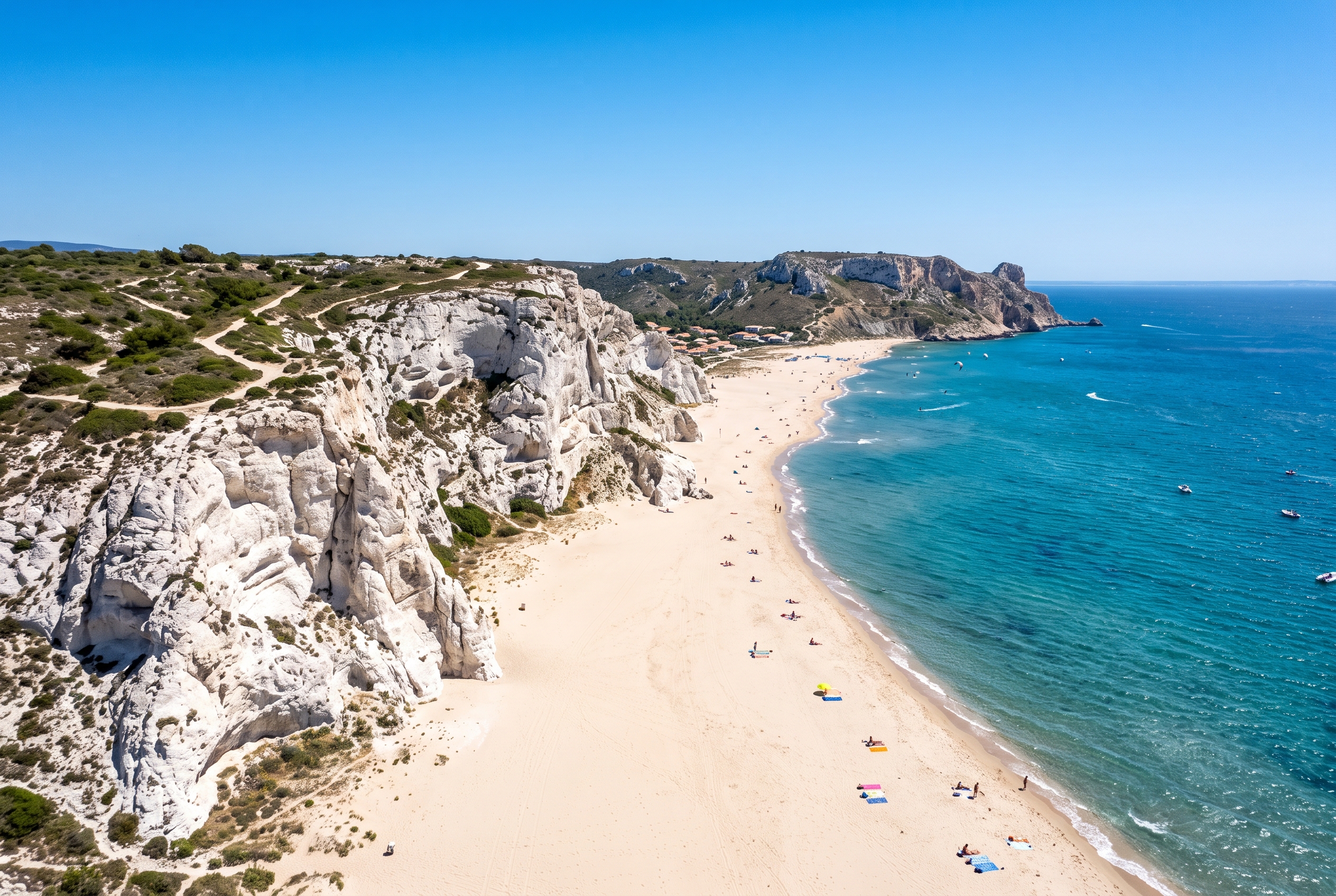The white cliffs and beach of La Franqui at Cap Leucate above the blue Mediterranean