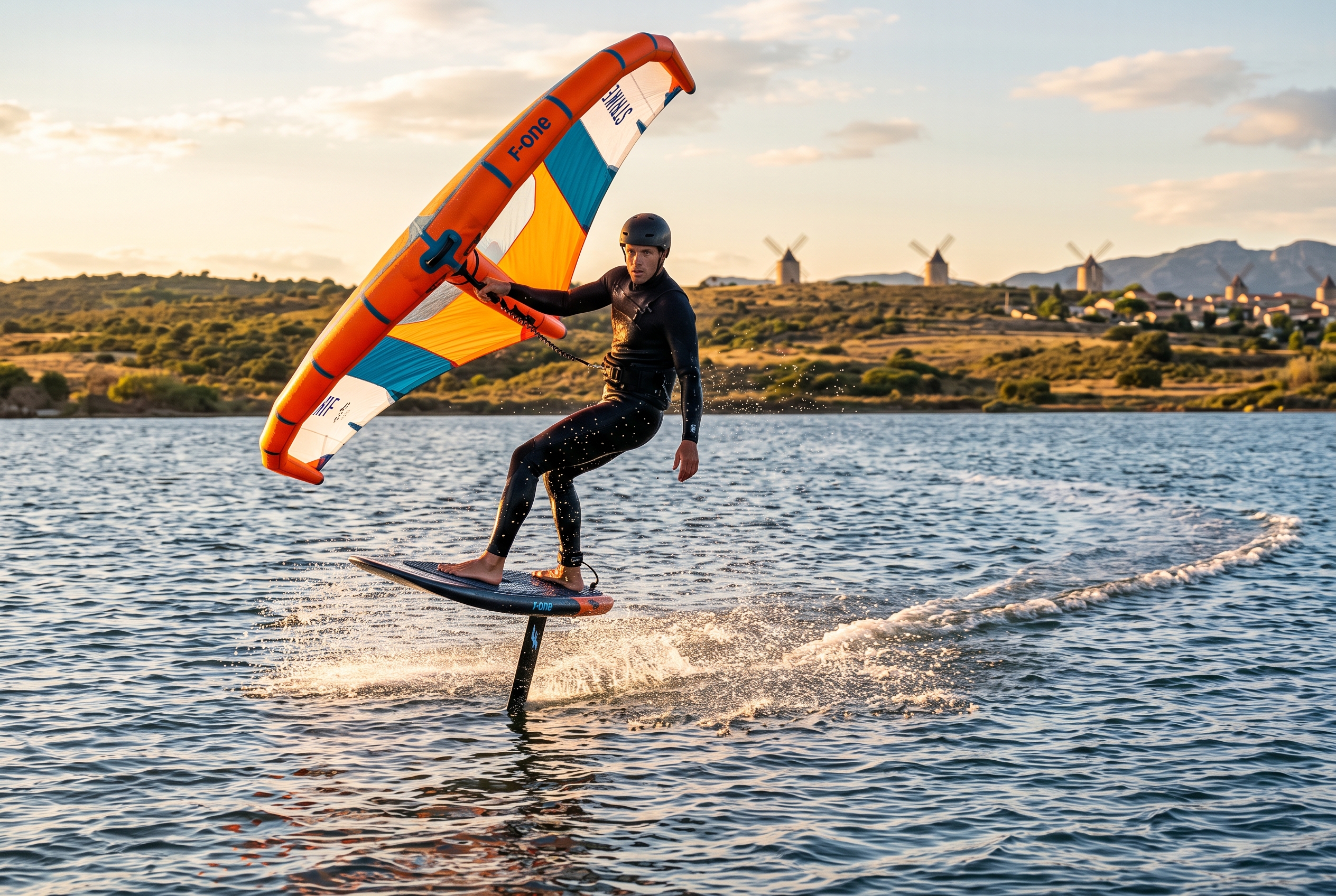 Wing foiler riding a hydrofoil across the flat blue Leucate lagoon in strong Tramontane wind, southern France