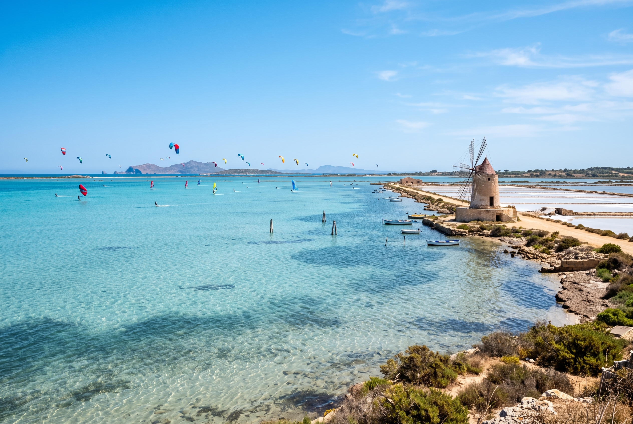 The shallow turquoise Lo Stagnone lagoon near Marsala, Sicily, dotted with wing foilers and kitesurfers, with a windmill and salt pans along the shore
