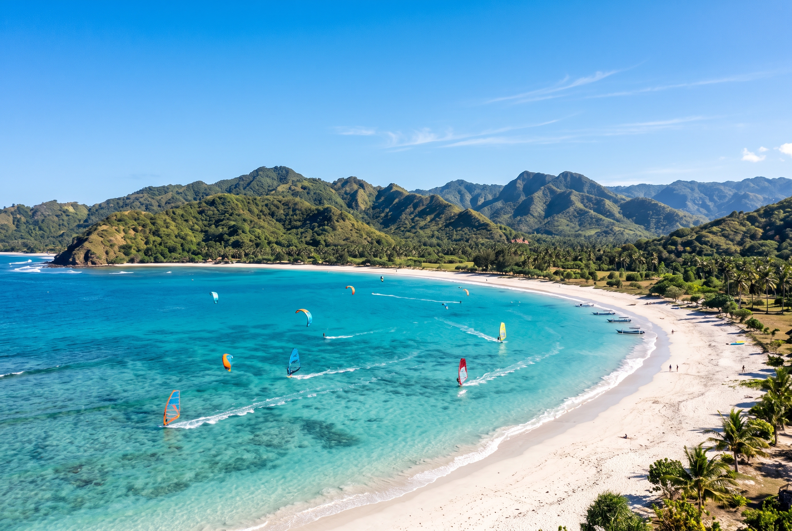 Curving white-sand Lombok bay with turquoise water and wing and kite riders under a sunny sky