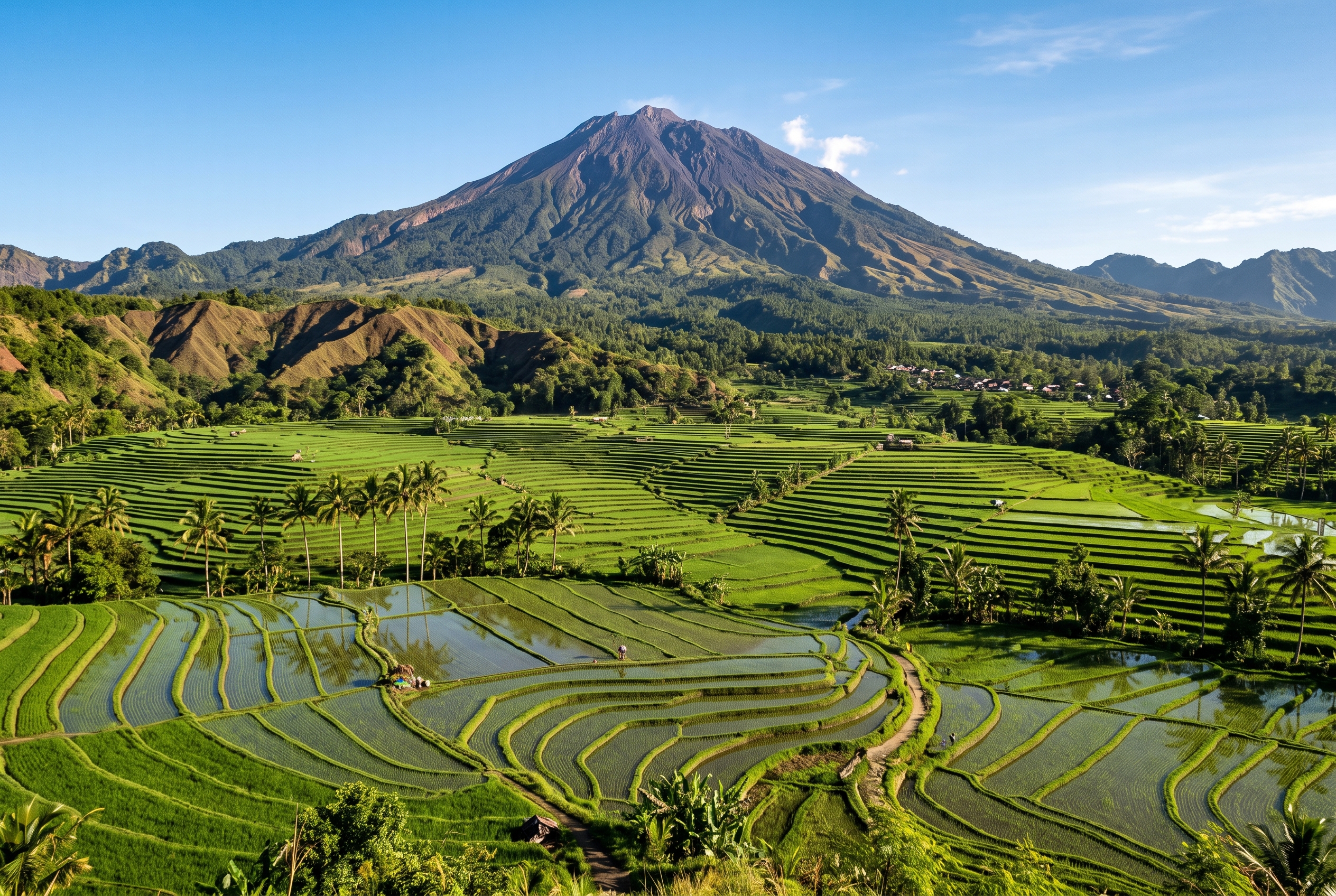 Mount Rinjani volcano towering over green rice terraces in Lombok, Indonesia