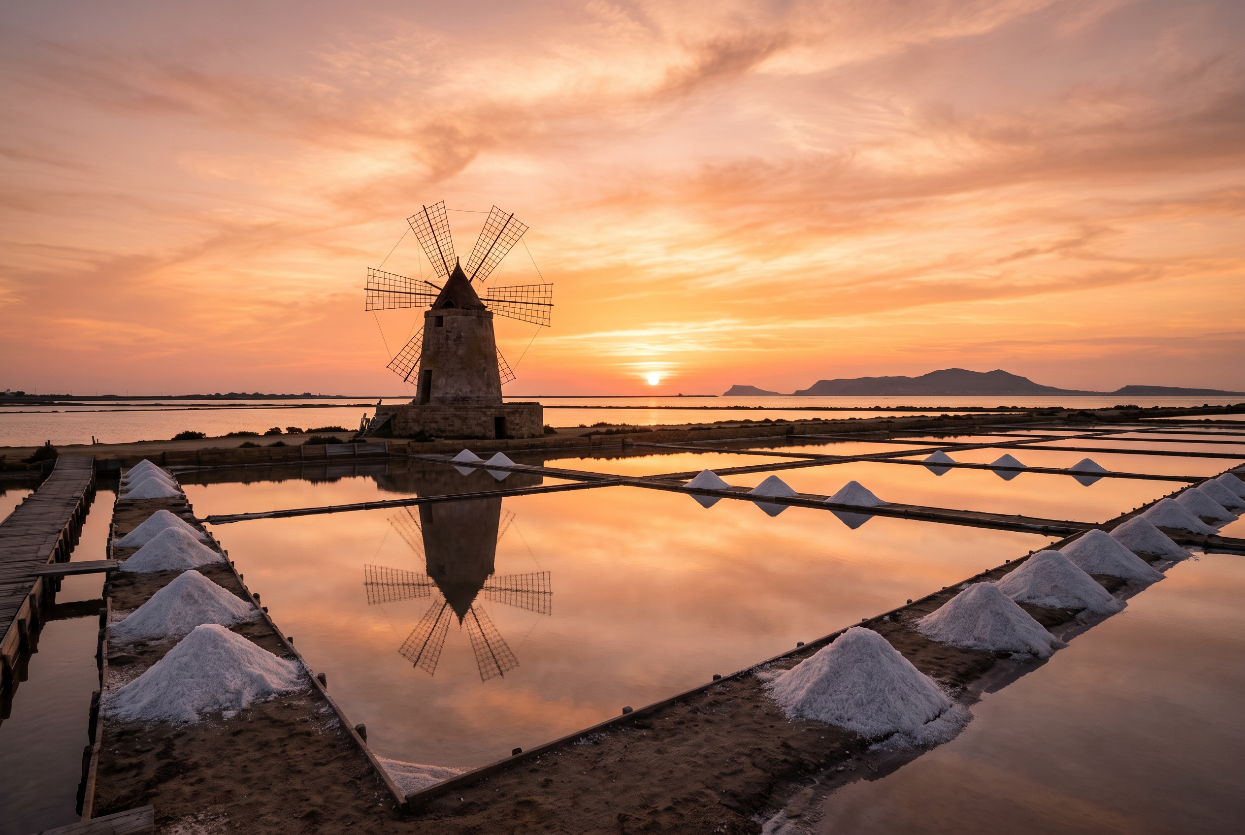 Sunset over the Marsala salt pans in the Stagnone lagoon, Sicily, with a stone windmill silhouette reflected in the still water