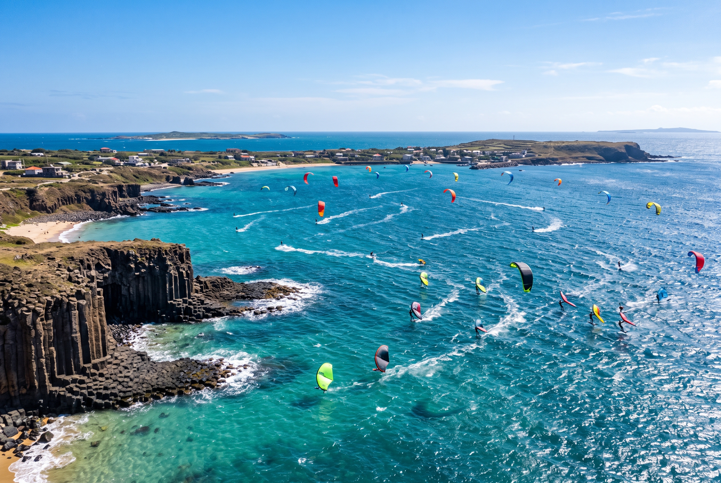Wing foilers and kitesurfers on choppy blue water below columnar basalt cliffs at a windy Penghu bay