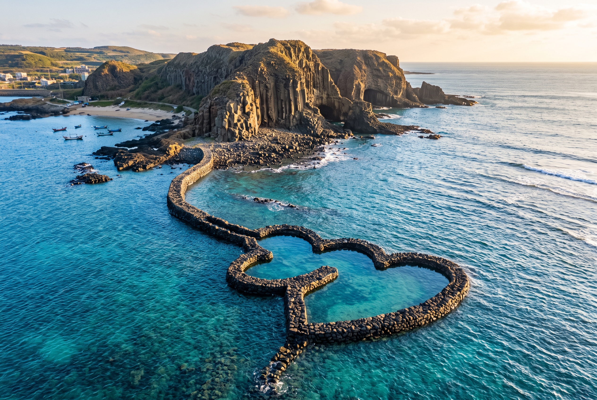 The heart-shaped Twin-Hearts Stone Weir fish trap in the turquoise sea at Penghu