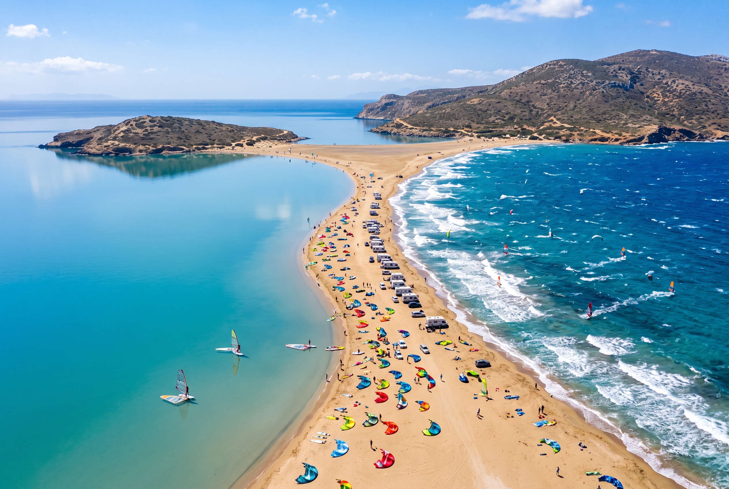 Aerial view of the Prasonisi sandbar dotted with wing and kite riders, flat lagoon on one side and open sea on the other