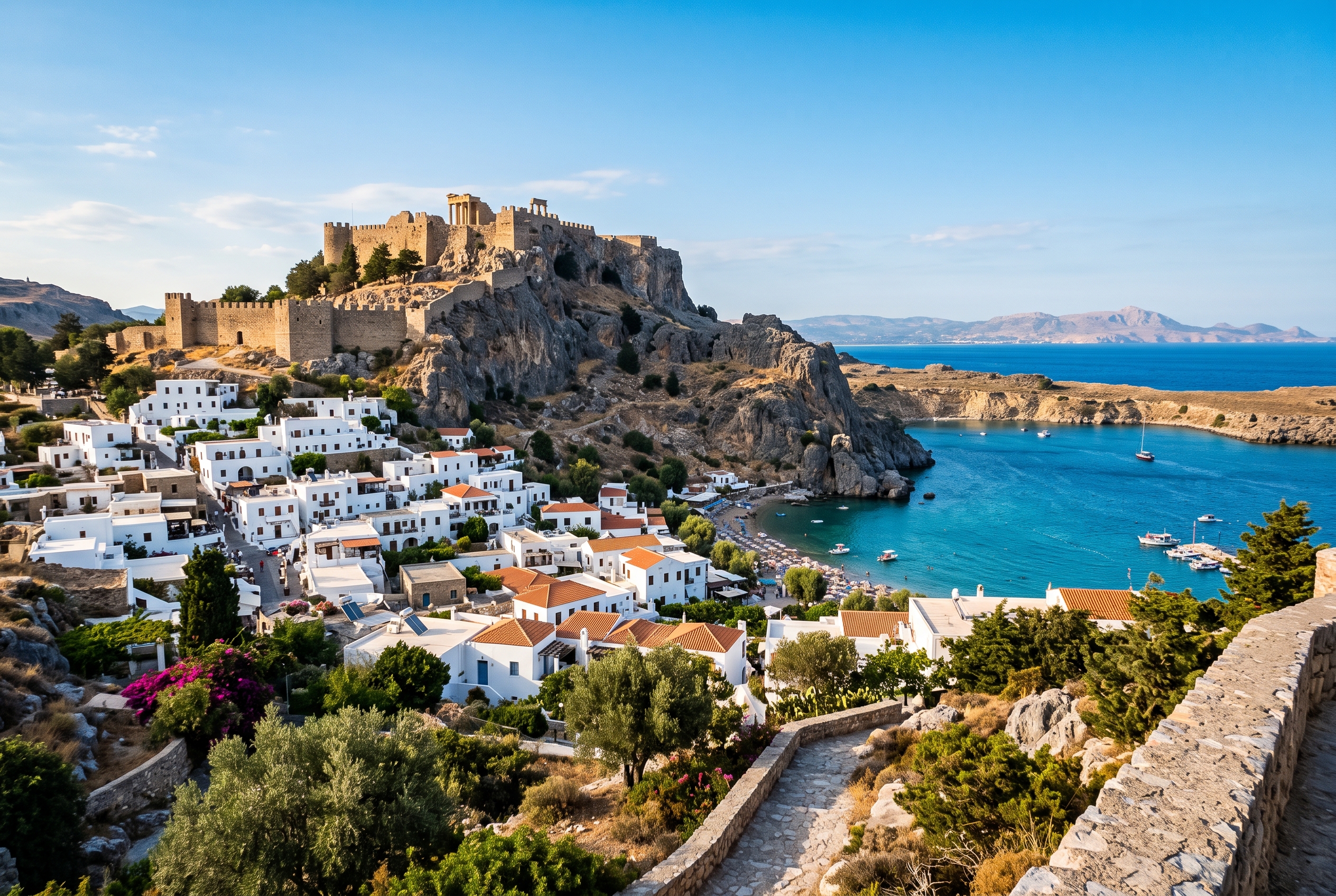 The clifftop Lindos acropolis above whitewashed houses and a blue bay in southern Rhodes