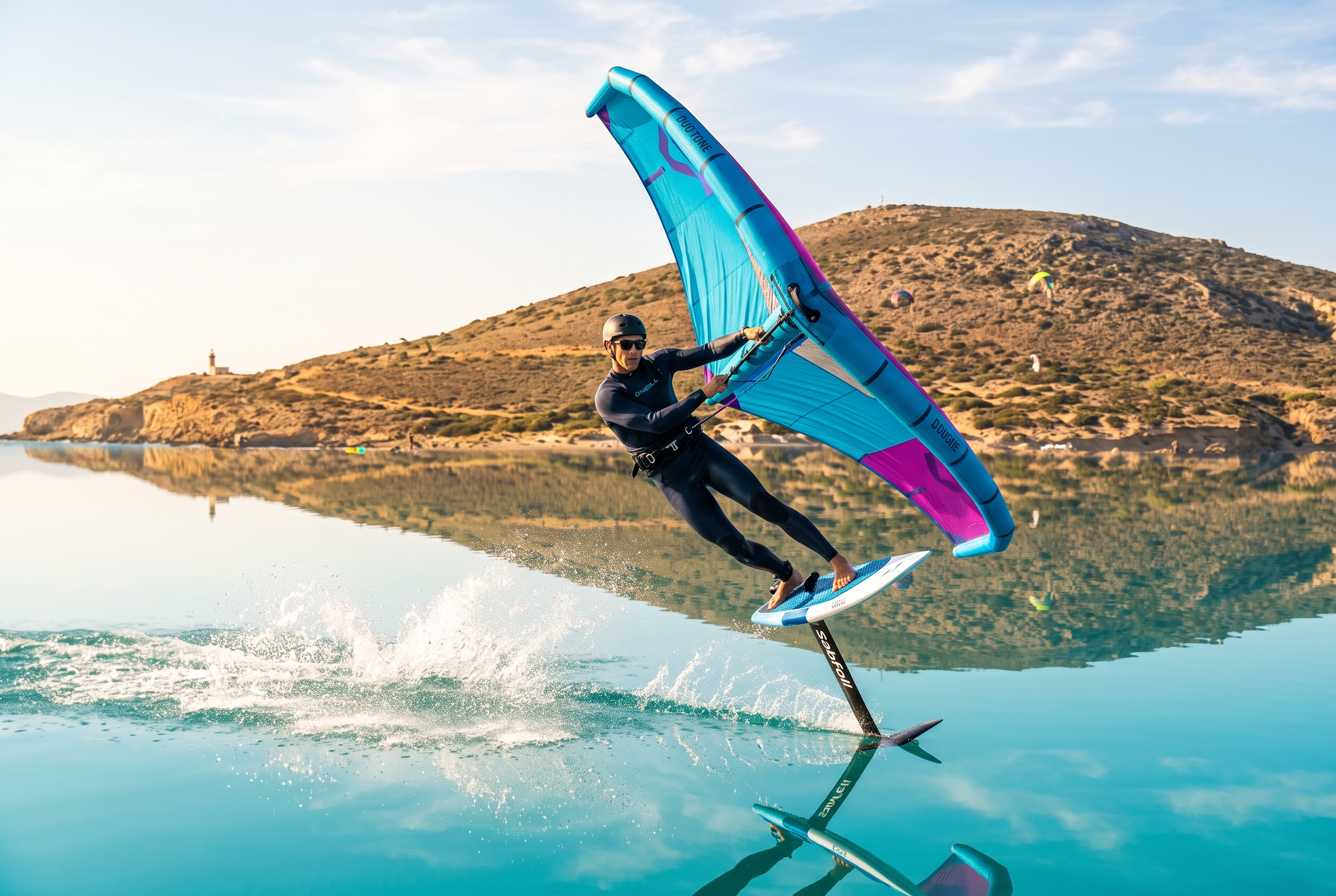 Wing foiler riding a hydrofoil on the flat turquoise lagoon side of the Prasonisi sand spit in Rhodes, Greece
