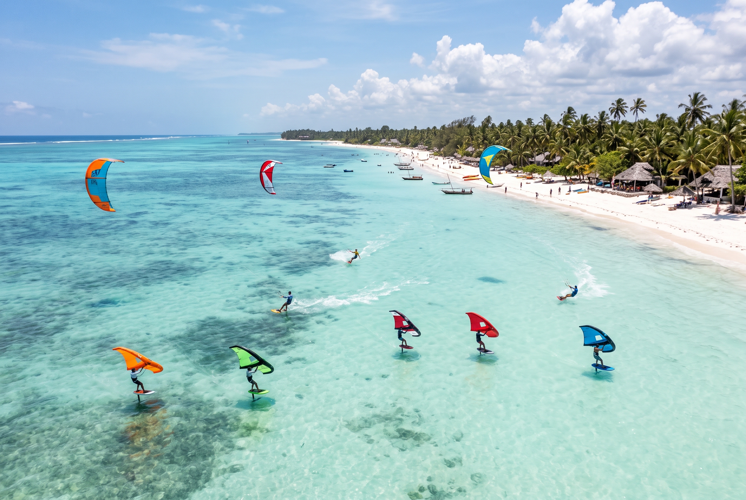 Wing foilers and kitesurfers on the flat shallow Paje lagoon at high tide, Zanzibar