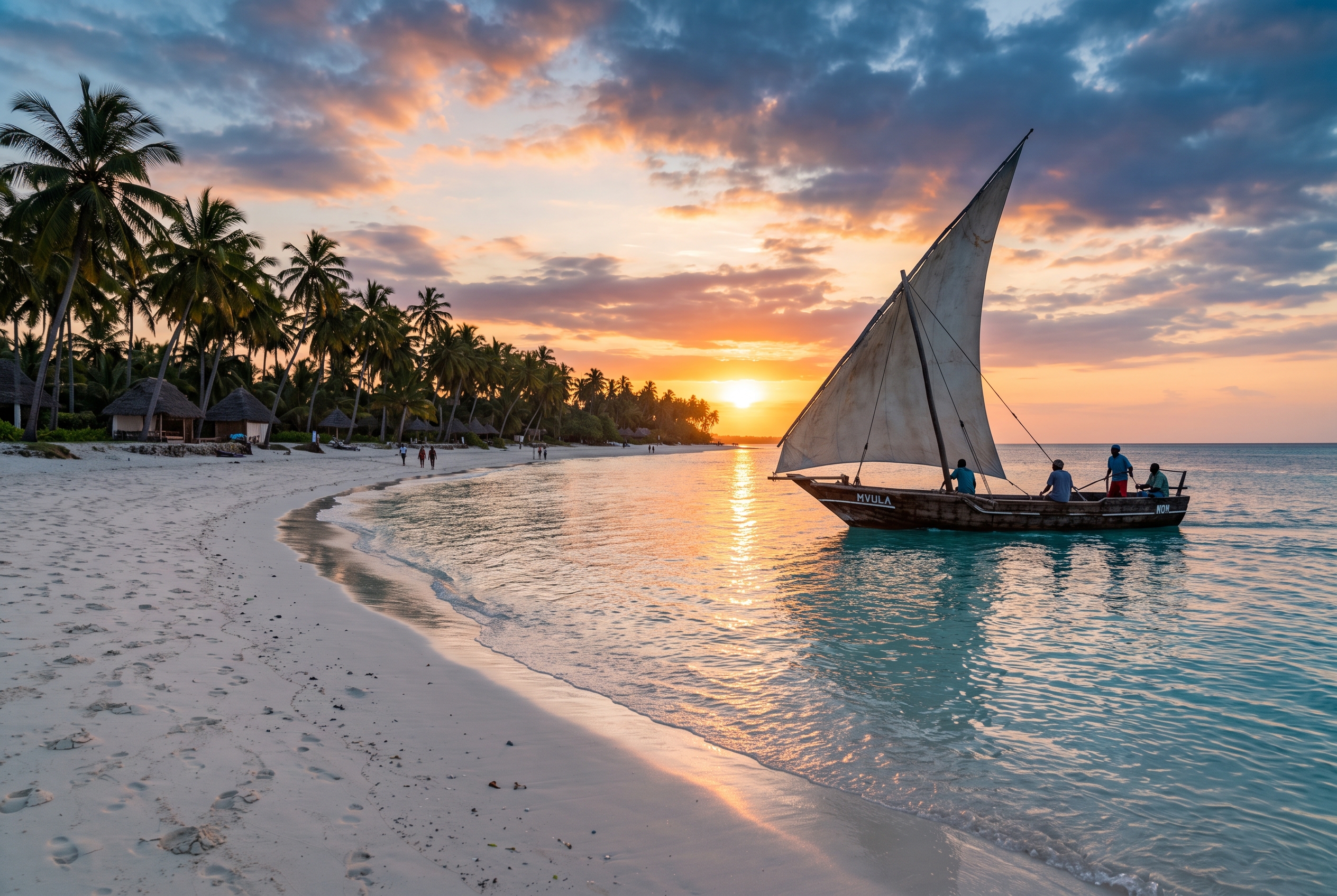 Traditional wooden dhow sailing past a white-sand palm-fringed Zanzibar beach at golden hour