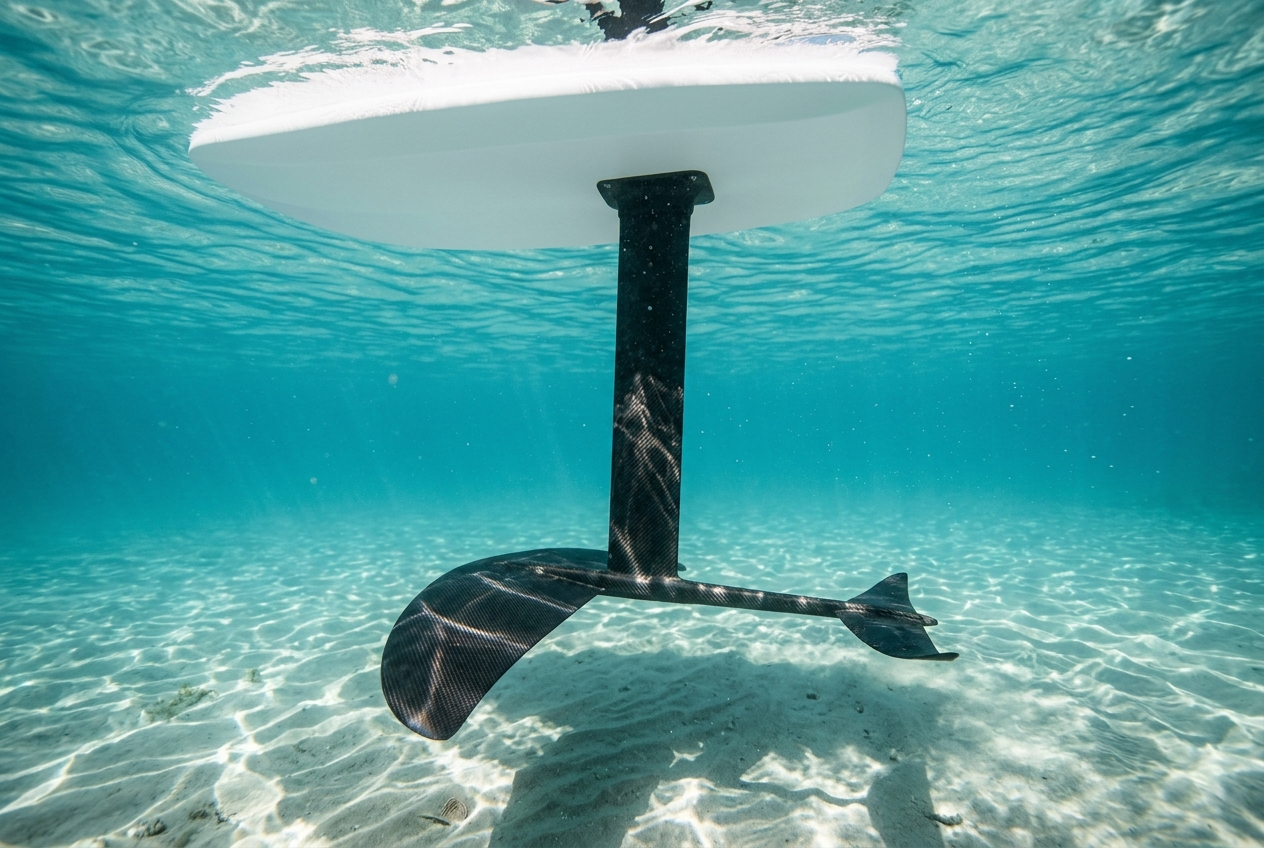 Underwater view of a hydrofoil mast, front wing and stabiliser beneath a wing foil board