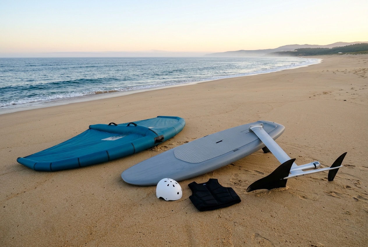 Beginner wing foil setup on the beach: high-volume board, low-aspect front wing foil, mid-size hand wing, helmet and impact vest