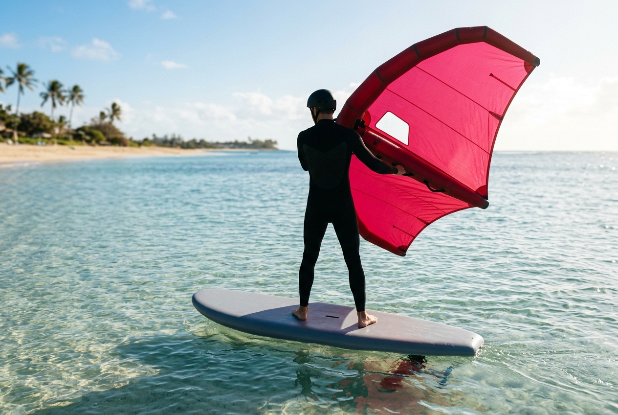 Beginner practising wing handling while standing on a large stable wing foil board in flat shallow water