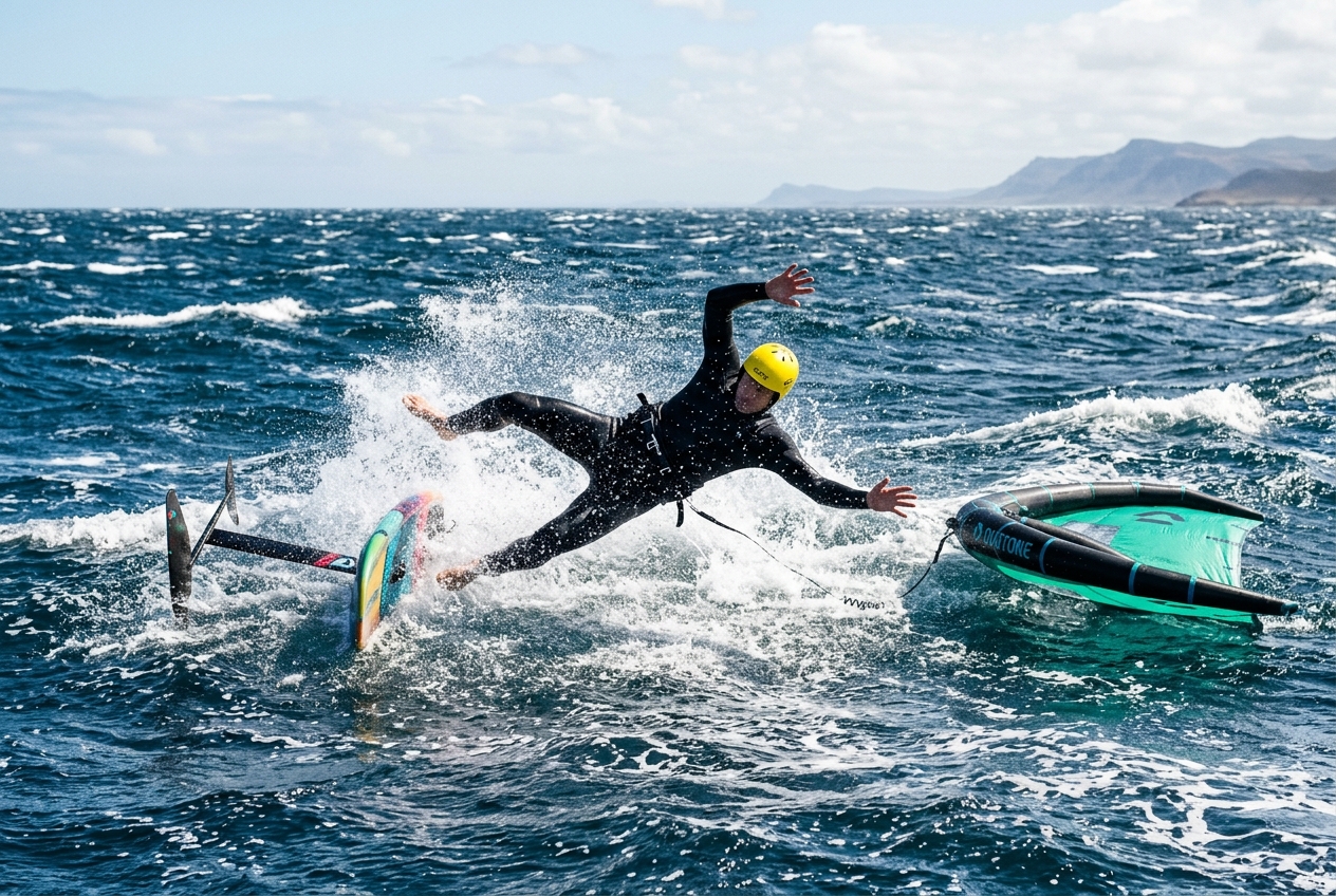 Wing foiler falling flat and wide away from the board and foil during a safe fall
